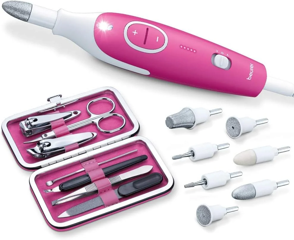 ست مانیکور/پدیکور Beurer MP 44 با 7 سری، چراغ LED + ست دستی ناخن با کیف نگهداری - صورتی/صورتی