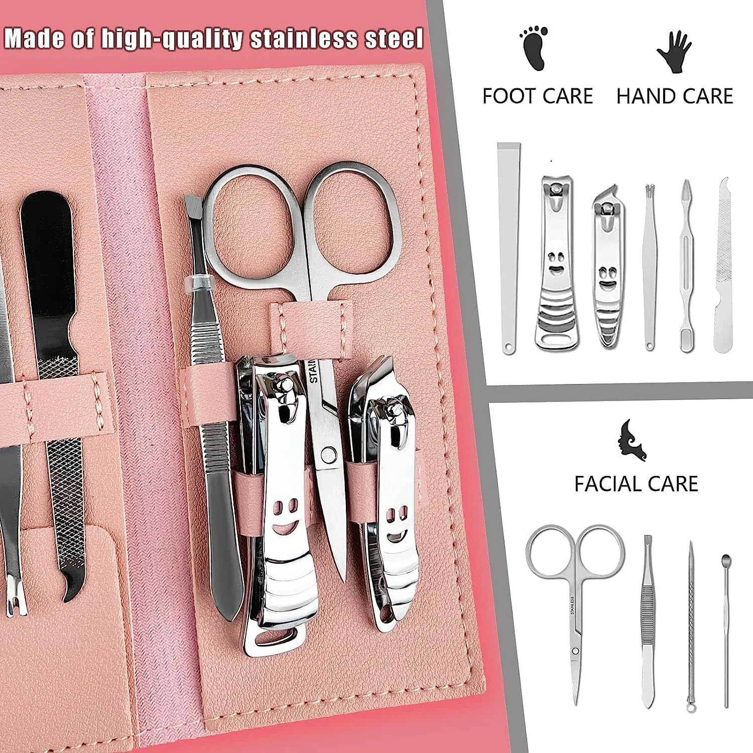 ست مانیکور استیل ضد زنگ NALACAL، ست پدیکور حرفه ای قابل حمل، ابزار مراقبت از ناخن، کیت پیرایش با چرم مسافرتی لوکس برای مسافرت و منزل، 10 تکه (صورتی)