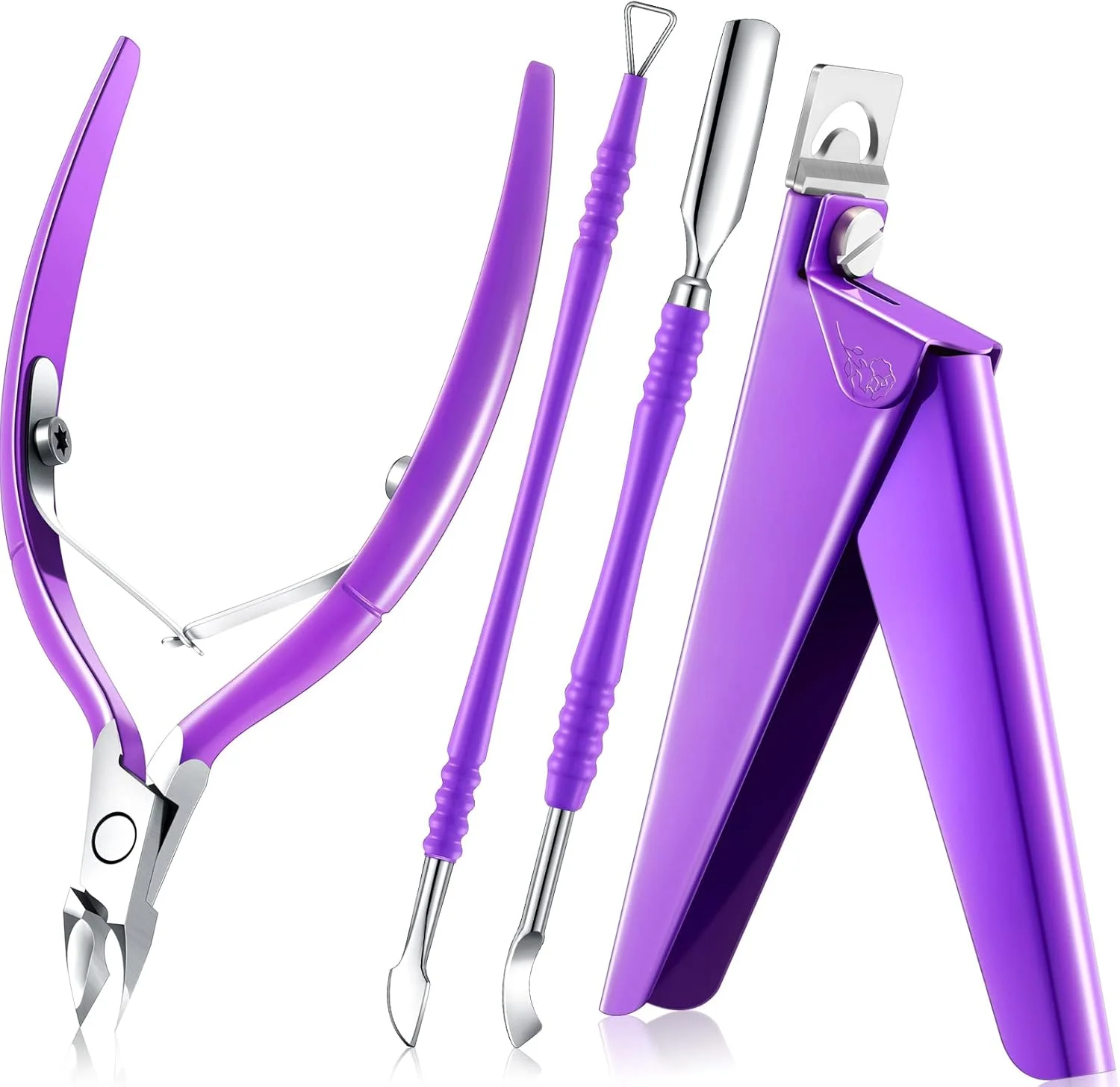 مجموعه ابزار مانیکور و پدیکور ناخن مصنوعی آکریلیک مودر، شامل قیچی، نیپر، پوشر و ریموور پوست مرده، استیل ضد زنگ رنگین کمانی، مناسب سالن و استفاده خانگی (بنفش)