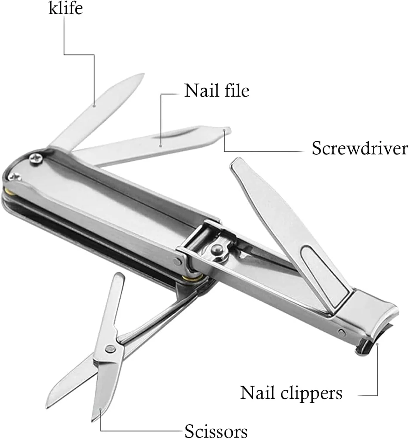 ناخن گیر، ست چند منظوره 5 در 1 با جاکلیدی - قیچی موی بینی، سوهان ناخن، پیچ گوشتی، ناخن گیر کوچک مناسب برای مسافرت، ماهیگیری، پیاده روی، کمپینگ
