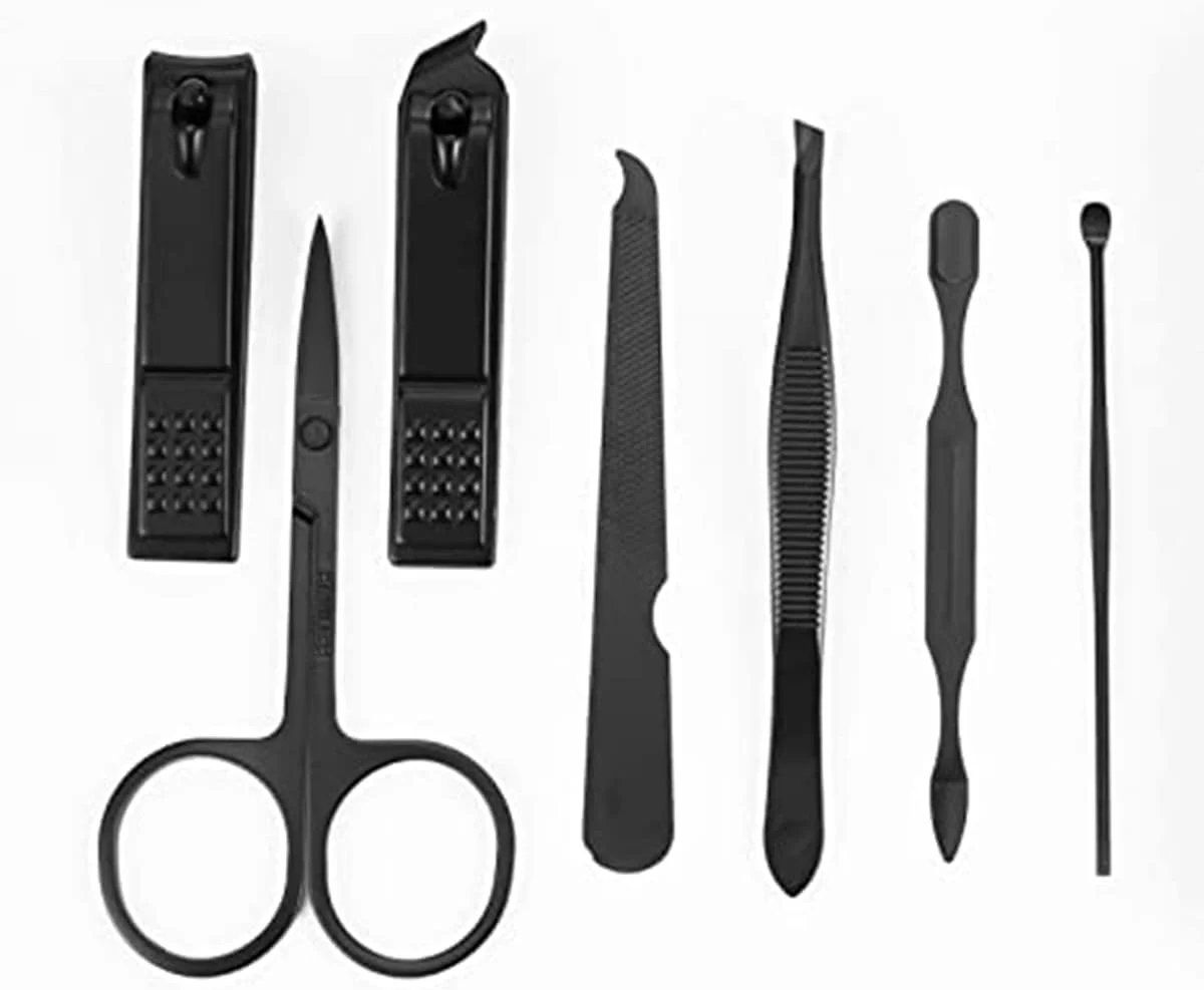 ست مانیکور 7 تکه، ست پدیکور ناخن، ست شیک و حرفه ای استیل ضد زنگ با طراحی قفل دکمه ای، استیل ضد زنگ درجه پزشکی، برای مراقبت از صورت، دست و پا