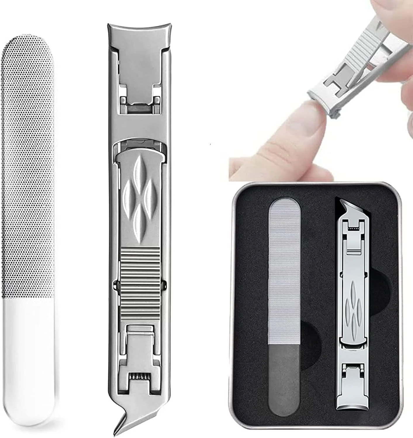 ناخن گیر چند منظوره استیل ضد زنگ Excefore، قیچی ناخن و ناخن پا، دهانه فک پهن تاشو با قفل ایمنی، سر دوتایی منحنی و مورب، سوهان ناخن تیز با جعبه ناخن گیر چند منظوره استیل ضد زنگ Excefore، قیچی ناخن و ناخن پا، دهانه فک پهن تاشو با قفل ایمنی، سر دوتایی منحنی و مورب، سوهان ناخن تیز با جعبه