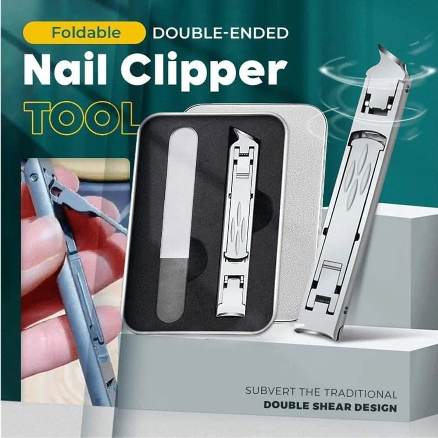 ناخن گیر چند منظوره استیل ضد زنگ Excefore، قیچی ناخن و ناخن پا، دهانه فک پهن تاشو با قفل ایمنی، سر دوتایی منحنی و مورب، سوهان ناخن تیز با جعبه