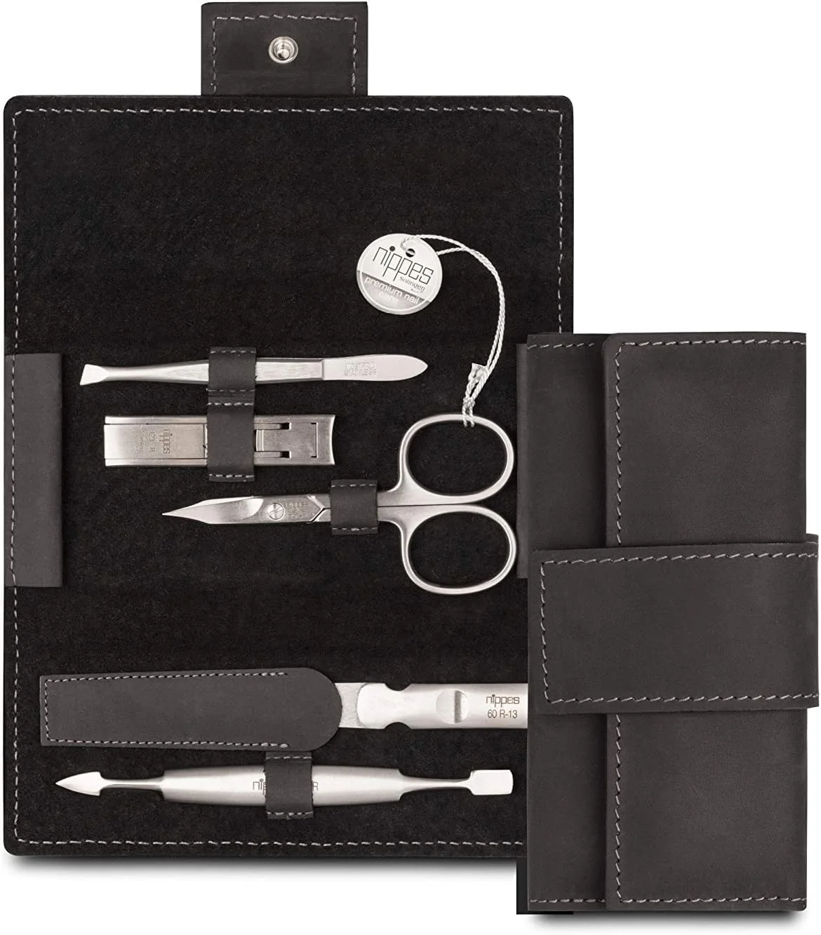 ست مانیکور 5 تکه نیپز سولینگن 130 گرمی با روکش چرم گاوی اصل و دکمه فشاری - مشکی