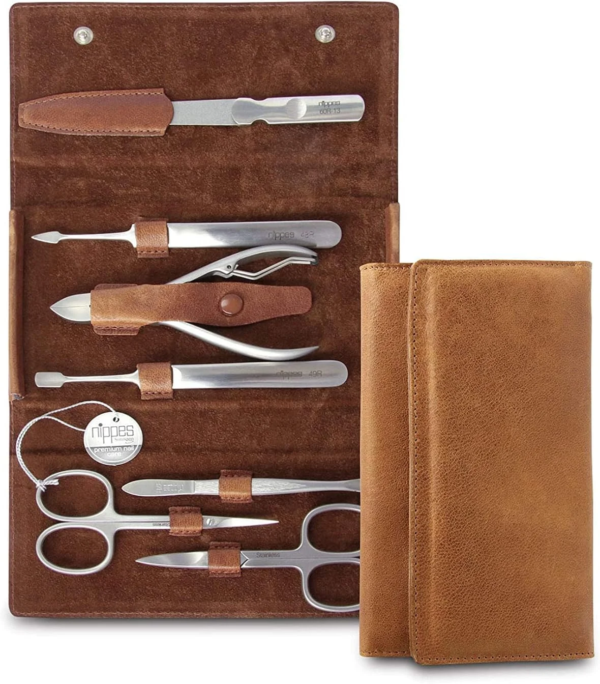 ست مانیکور 7 تکه نیپِس سولینگن، استیل ضد زنگ و بدون نیکل، کیف چرمی اصل گاوی با دکمه فشاری، نیپِس پریمیوم لاین، قهوه ای