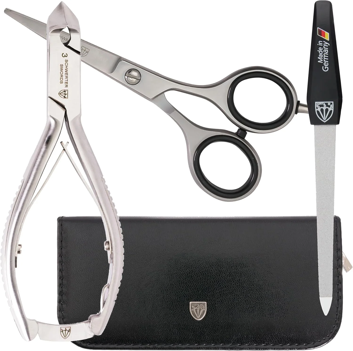 ست حرفه ای قیچی ناخن پا و قیچی ریش استیل ضد زنگ INOX موجی، سر صاف به همراه کیف مخصوص پدیکور ناخن های فرورفته، محصولی از 3 Swords آلمان (219)