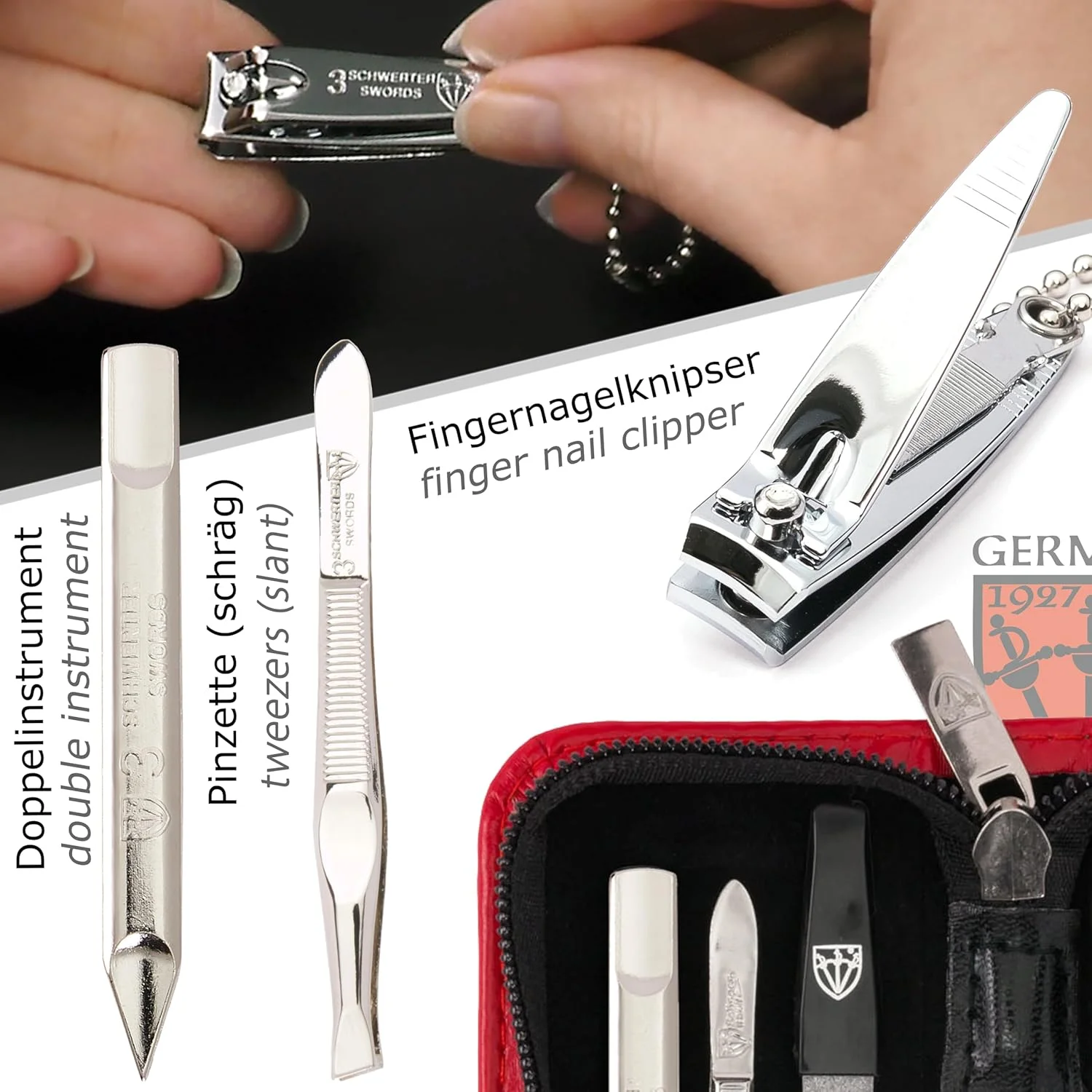ست مانیکور و پدیکور 5 تکه با کیفیت عالی از برند تری سورز آلمان، قیچی، ناخن گیر، کیف چرمی شیک در جعبه هدیه، ساخت سولینگن آلمان (20906)