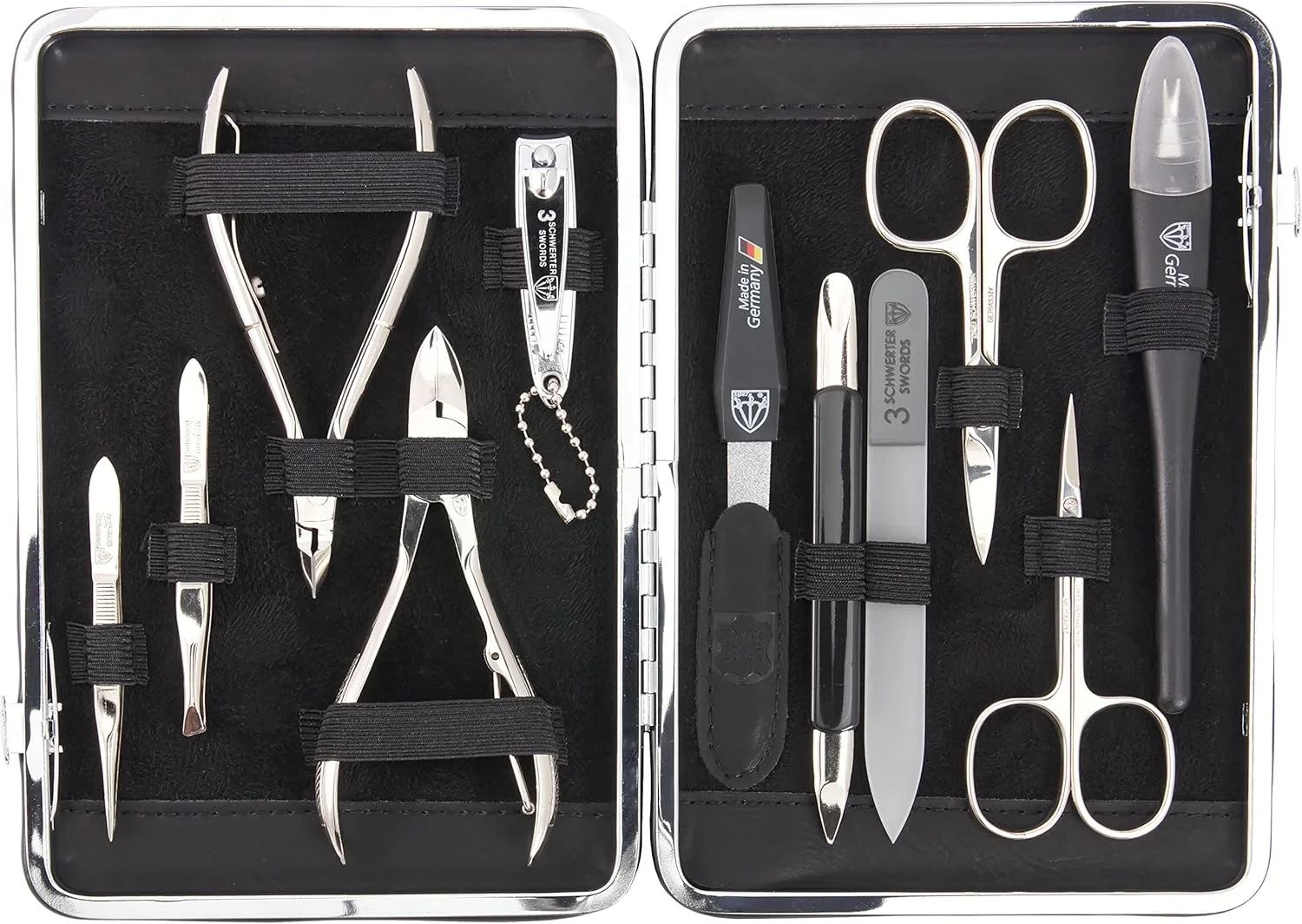 ست مانیکور و پدیکور ۱۱ تکه با کیفیت عالی از برند تری سورز آلمان، مناسب برای مراقبت حرفه‌ای از ناخن‌های دست و پا، شامل قیچی، ناخن‌گیر، کیف چرمی مشکی اصل، بسته‌بندی شده در جعبه هدیه، ساخت آلمان