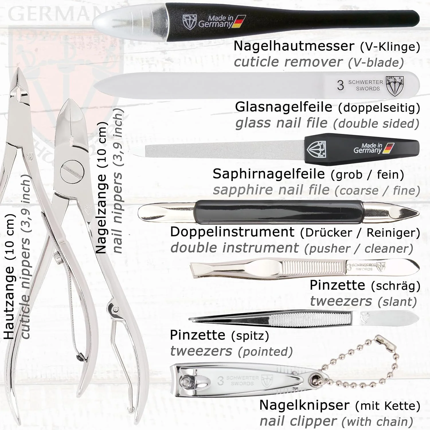 ست مانیکور و پدیکور ۱۱ تکه با کیفیت عالی از برند تری سورز آلمان، مناسب برای مراقبت حرفه‌ای از ناخن‌های دست و پا، شامل قیچی، ناخن‌گیر، کیف چرمی مشکی اصل، بسته‌بندی شده در جعبه هدیه، ساخت آلمان