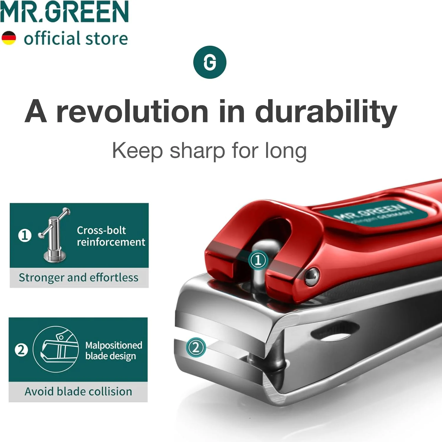 ناخن گیر MR.GREEN با تیغه های منحنی، قیچی مانیکور و ابزار پدیکور استیل ضد زنگ به همراه سوهان ناخن (متوسط-قرمز + سوهان شیشه ای)