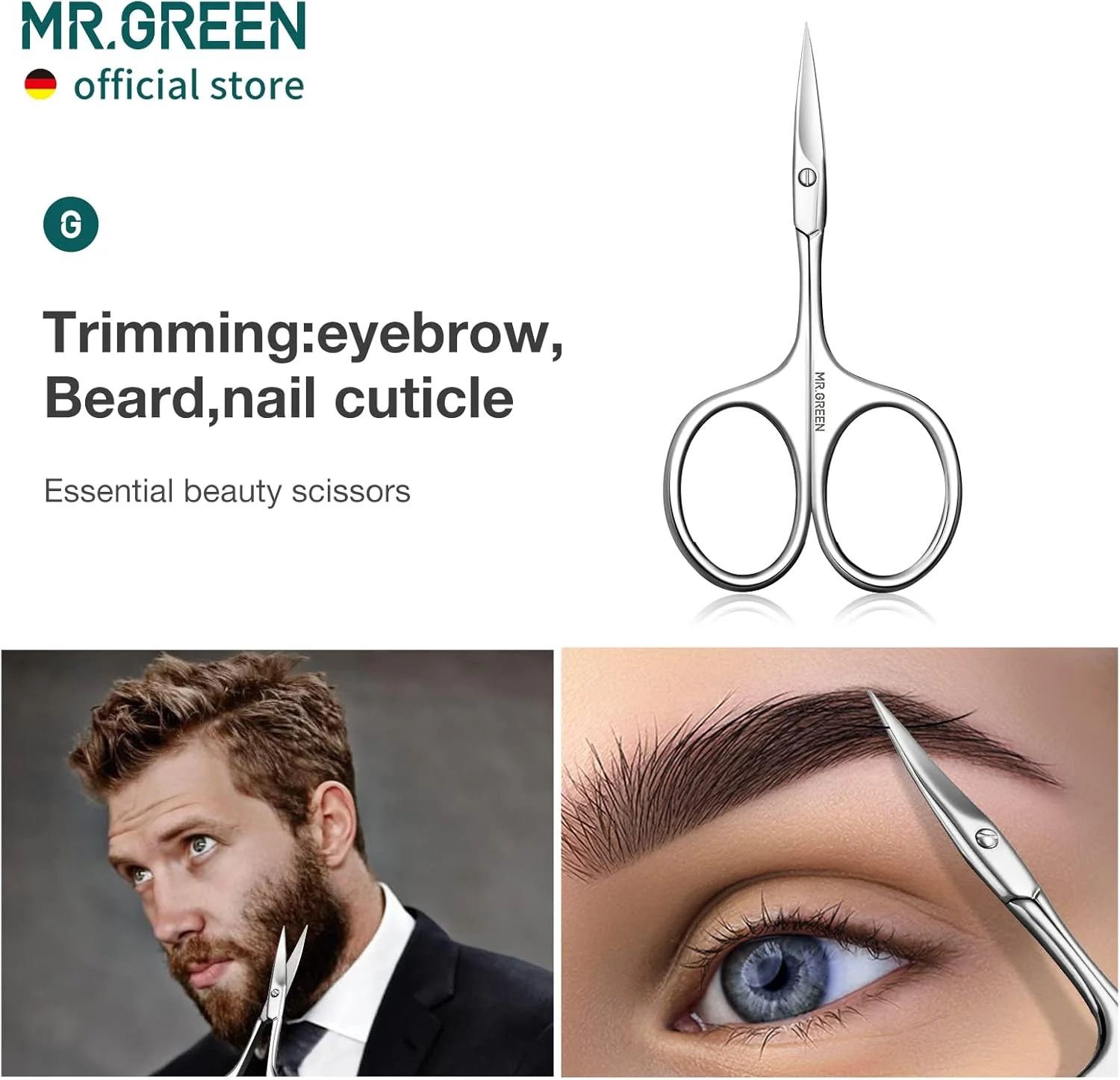 قیچی ابرو MR.GREEN تیغه منحنی، قیچی موی صورت و کوتیکول، موچین حرفه ای استیل ضد زنگ (Mr-2001)