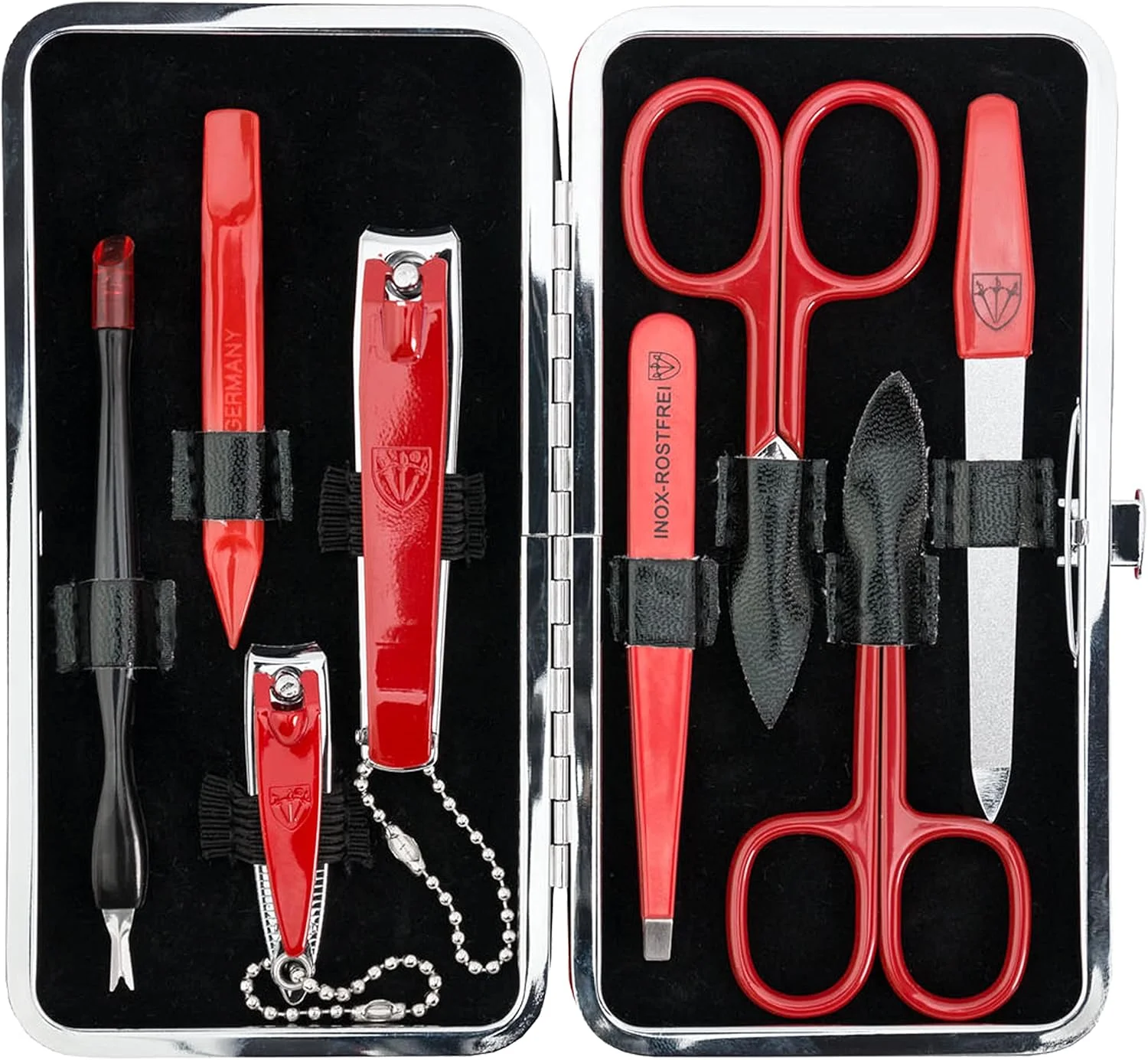 ست مانیکور و پدیکور 8 تکه 'Greco' Drei Schwerter، ست مسافرتی مراقبت از ناخن، لوازم جانبی ناخن، ابزار فولادی با کیفیت برند، جعبه چرمی مصنوعی (1313) ست مانیکور و پدیکور 8 تکه 'Greco' Drei Schwerter، ست مسافرتی مراقبت از ناخن، لوازم جانبی ناخن، ابزار فولادی با کیفیت برند، جعبه چرمی مصنوعی (1313)
