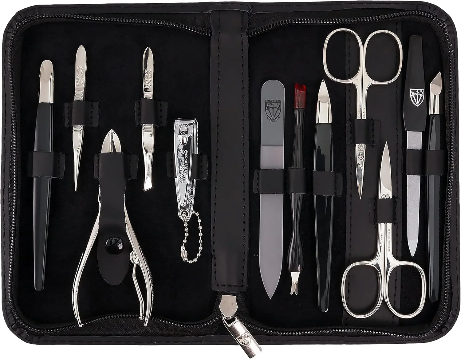 ست ۱۲ تکه مانیکور و پدیکور 'پالرمو' Drei Schwerter | کیف مسافرتی مانیکور و پدیکور: چرم اصل مشکی | محتویات: ۱۲ ابزار شامل قیچی ناخن، ناخن گیر، سوهان شیشه ای ست ۱۲ تکه مانیکور و پدیکور 'پالرمو' Drei Schwerter | کیف مسافرتی مانیکور و پدیکور: چرم اصل مشکی | محتویات: ۱۲ ابزار شامل قیچی ناخن، ناخن گیر، سوهان شیشه ای