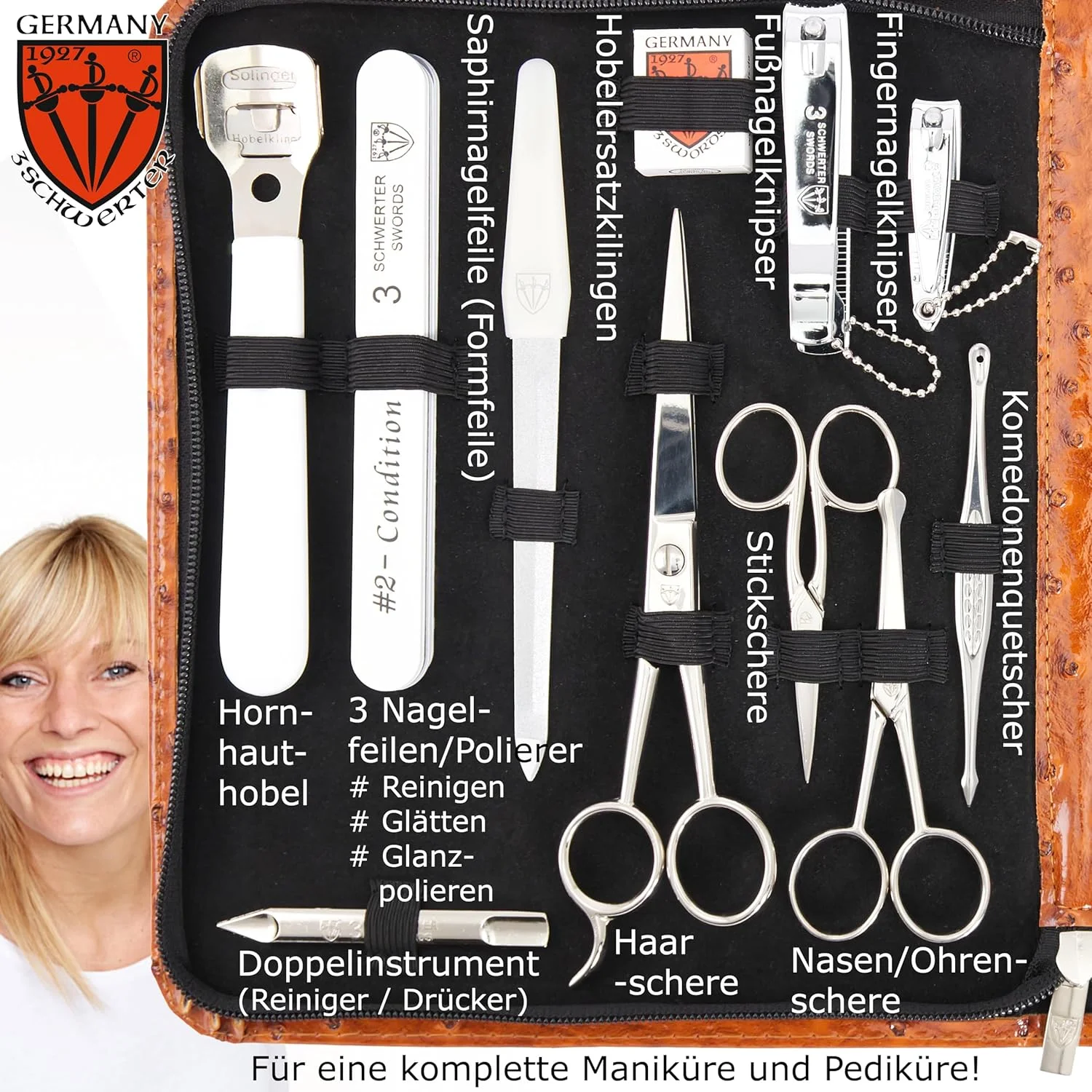 DREI SCHWERTER - جعبه ناخن 23 تکه آلمان مدل 'Varese' همه در یک | ست مانیکور ناخن در جعبه چرمی مصنوعی طرح شترمرغی رنگ کنیاکی | محتویات: قیچی ناخن، ناخن گیر، قیچی مو، ناخن گیر و... DREI SCHWERTER - جعبه ناخن 23 تکه آلمان مدل 'Varese' همه در یک | ست مانیکور ناخن در جعبه چرمی مصنوعی طرح شترمرغی رنگ کنیاکی | محتویات: قیچی ناخن، ناخن گیر، قیچی مو، ناخن گیر و...