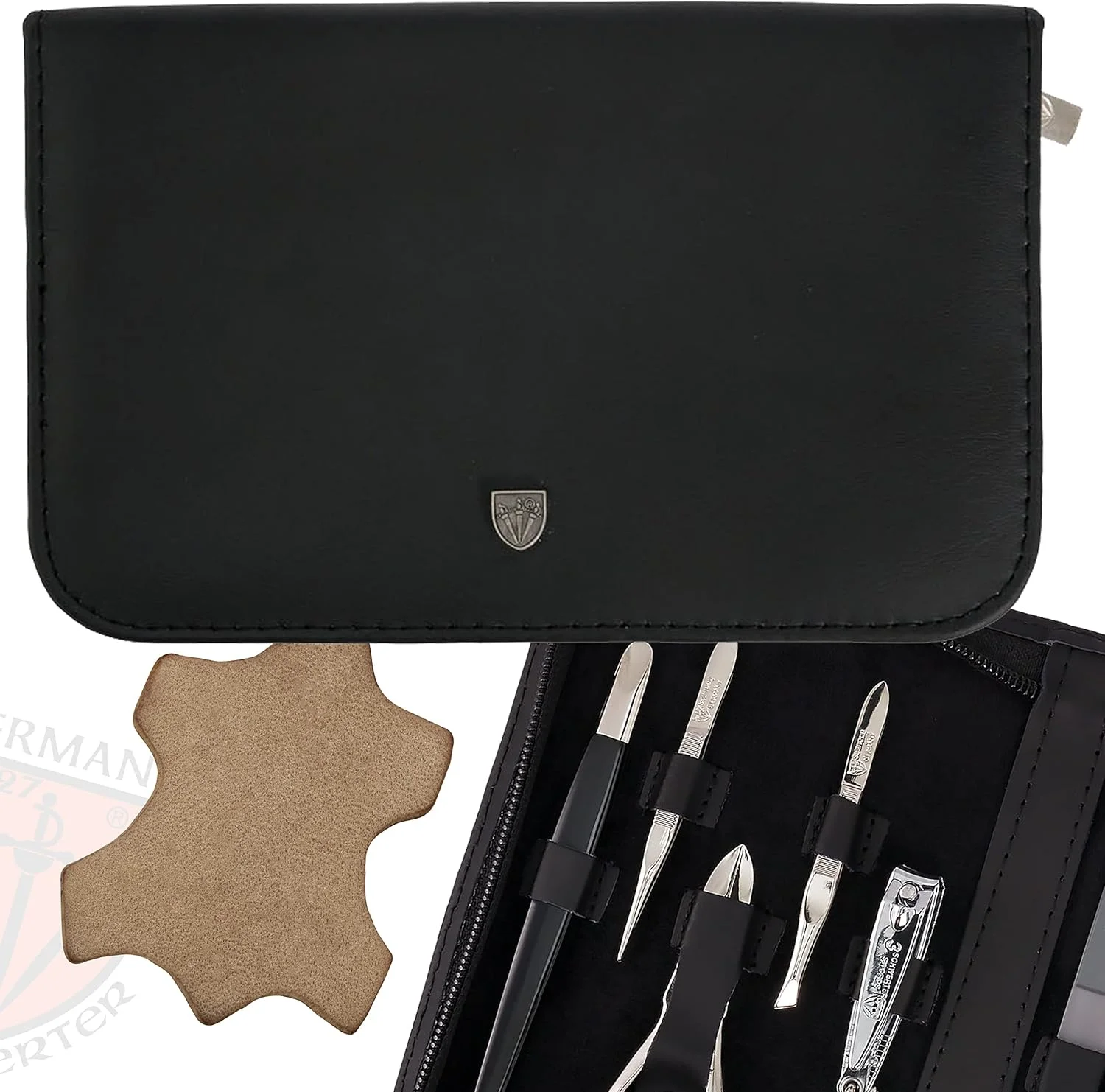 ست ۱۲ تکه مانیکور و پدیکور 'پالرمو' Drei Schwerter | کیف مسافرتی مانیکور و پدیکور: چرم اصل مشکی | محتویات: ۱۲ ابزار شامل قیچی ناخن، ناخن گیر، سوهان شیشه ای ست ۱۲ تکه مانیکور و پدیکور 'پالرمو' Drei Schwerter | کیف مسافرتی مانیکور و پدیکور: چرم اصل مشکی | محتویات: ۱۲ ابزار شامل قیچی ناخن، ناخن گیر، سوهان شیشه ای