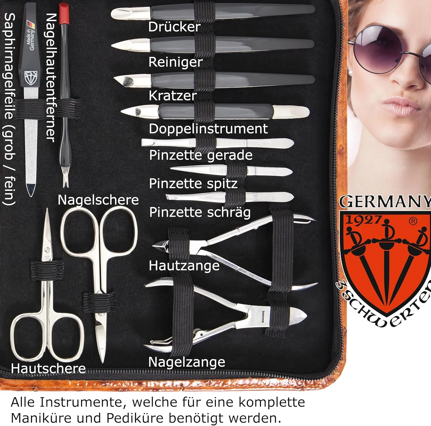 DREI SCHWERTER - جعبه ناخن 23 تکه آلمان مدل 'Varese' همه در یک | ست مانیکور ناخن در جعبه چرمی مصنوعی طرح شترمرغی رنگ کنیاکی | محتویات: قیچی ناخن، ناخن گیر، قیچی مو، ناخن گیر و... DREI SCHWERTER - جعبه ناخن 23 تکه آلمان مدل 'Varese' همه در یک | ست مانیکور ناخن در جعبه چرمی مصنوعی طرح شترمرغی رنگ کنیاکی | محتویات: قیچی ناخن، ناخن گیر، قیچی مو، ناخن گیر و...