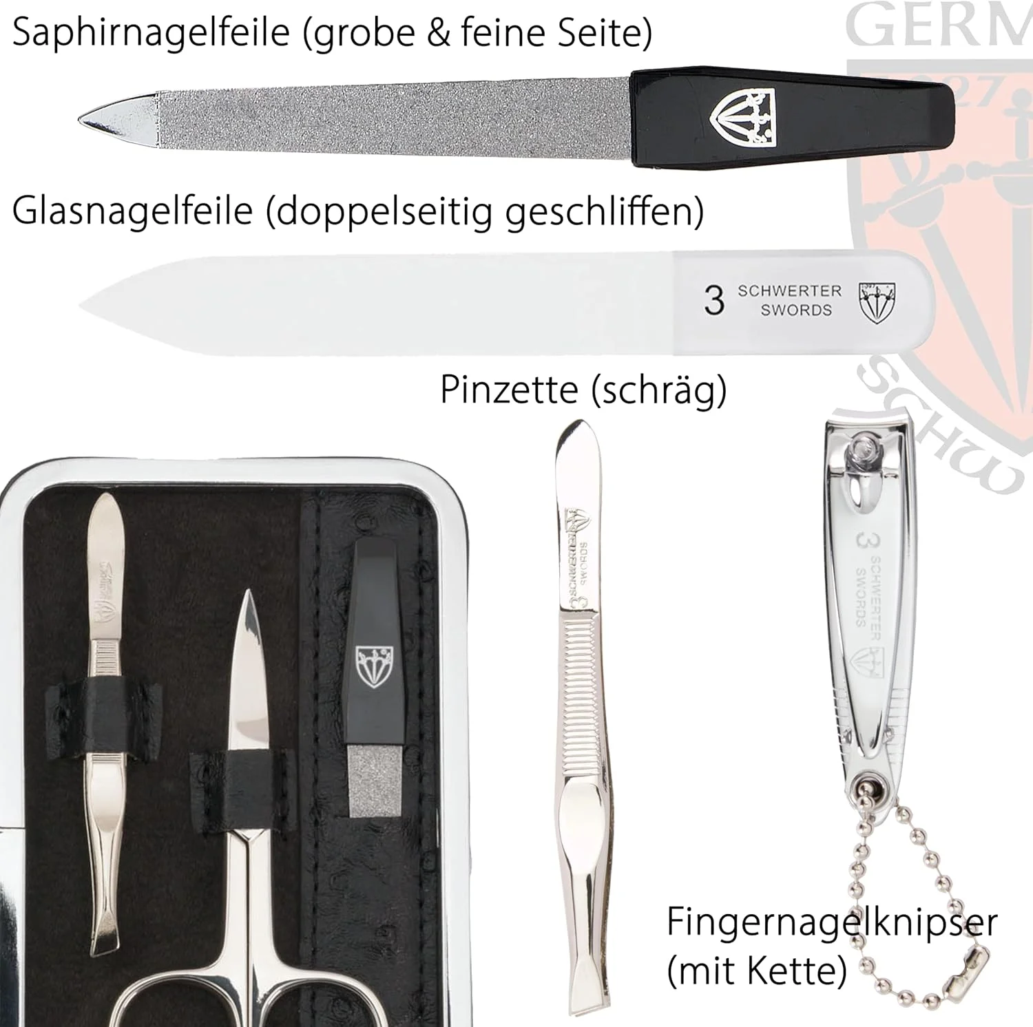DREI SCHWERTER - ست مانیکور 6 تکه آلمان مدل 'Genova' | کیف ست ناخن ساخته شده از چرم مصنوعی مشکی | محتویات: قیچی ناخن، قیچی کوتیکول، ناخن گیر، سوهان ناخن شیشه ای DREI SCHWERTER - ست مانیکور 6 تکه آلمان مدل 'Genova' | کیف ست ناخن ساخته شده از چرم مصنوعی مشکی | محتویات: قیچی ناخن، قیچی کوتیکول، ناخن گیر، سوهان ناخن شیشه ای