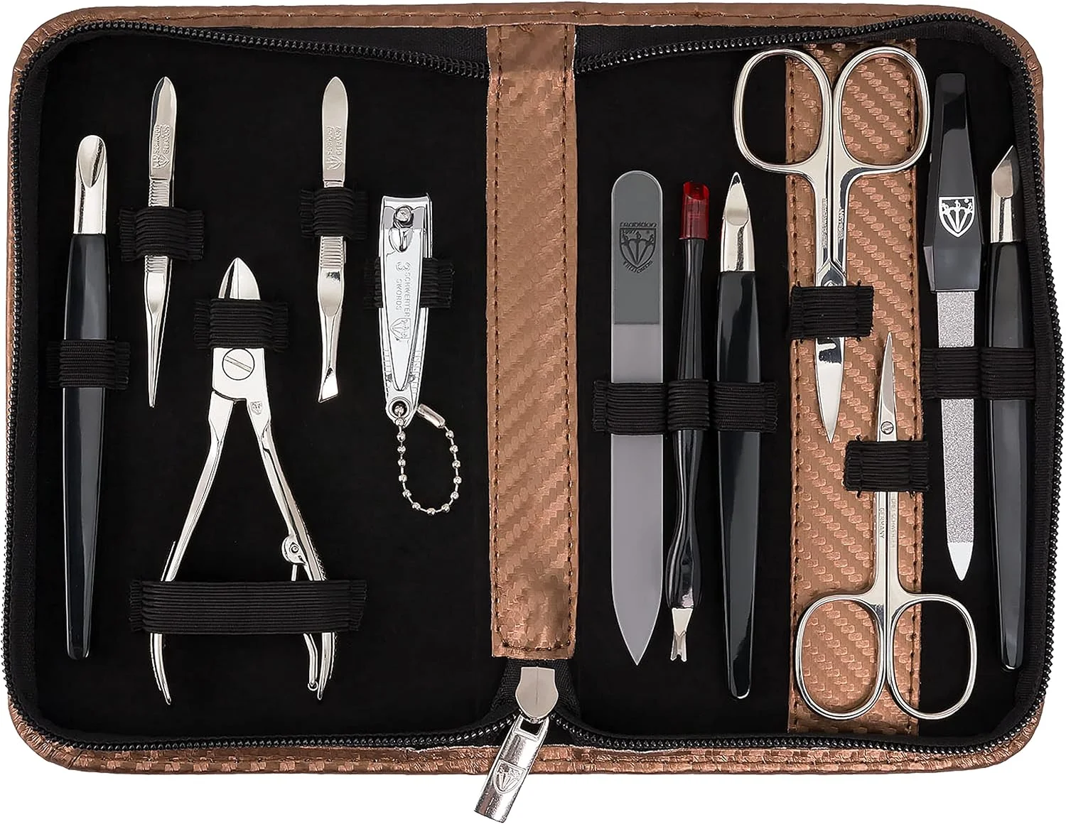 ست مانیکور و پدیکور 12 تکه 'پالرمو' DREI SCHWERTER | کیف ناخن: رنگ: چرم مصنوعی کربن مسی | محتویات: 12 ابزار شامل قیچی ناخن، ناخن گیر ست مانیکور و پدیکور 12 تکه 'پالرمو' DREI SCHWERTER | کیف ناخن: رنگ: چرم مصنوعی کربن مسی | محتویات: 12 ابزار شامل قیچی ناخن، ناخن گیر