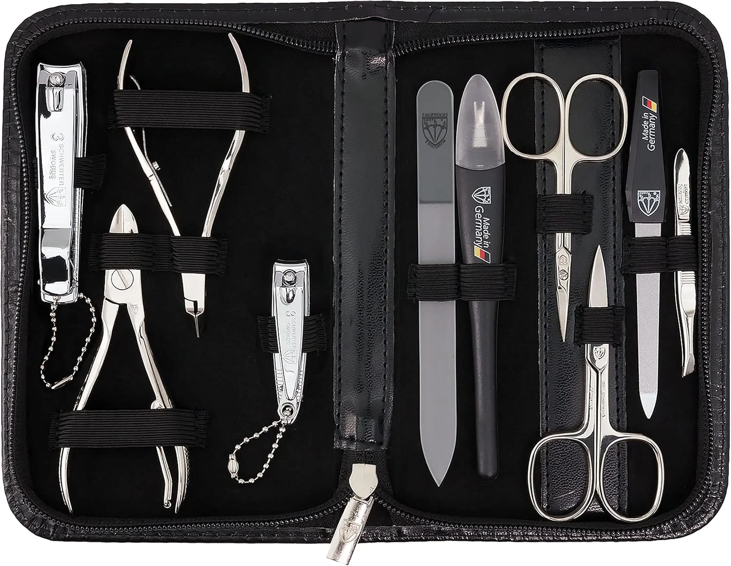 DREI SCHWERTER - ست مانیکور 10 تکه آلمان 'Spezia' | کیف ناخن چرمی مصنوعی مشکی | محتویات: قیچی ناخن، قیچی کوتیکول، ناخن گیر، موچین، سوهان ناخن شیشه ای و موارد دیگر DREI SCHWERTER - ست مانیکور 10 تکه آلمان 'Spezia' | کیف ناخن چرمی مصنوعی مشکی | محتویات: قیچی ناخن، قیچی کوتیکول، ناخن گیر، موچین، سوهان ناخن شیشه ای و موارد دیگر