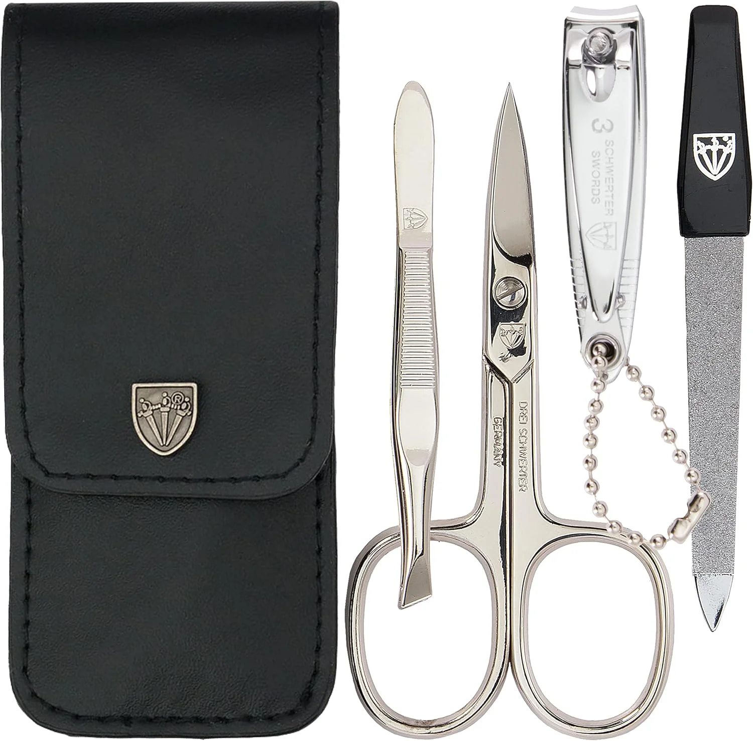 ست ۴ تکه مراقبت از ناخن 'Capri' از DREI SCHWERTER | کیف مانیکور و پدیکور چرم مصنوعی مشکی | محتویات: قیچی ناخن، ناخن گیر، موچین، سوهان ناخن یاقوت کبود ست ۴ تکه مراقبت از ناخن 'Capri' از DREI SCHWERTER | کیف مانیکور و پدیکور چرم مصنوعی مشکی | محتویات: قیچی ناخن، ناخن گیر، موچین، سوهان ناخن یاقوت کبود