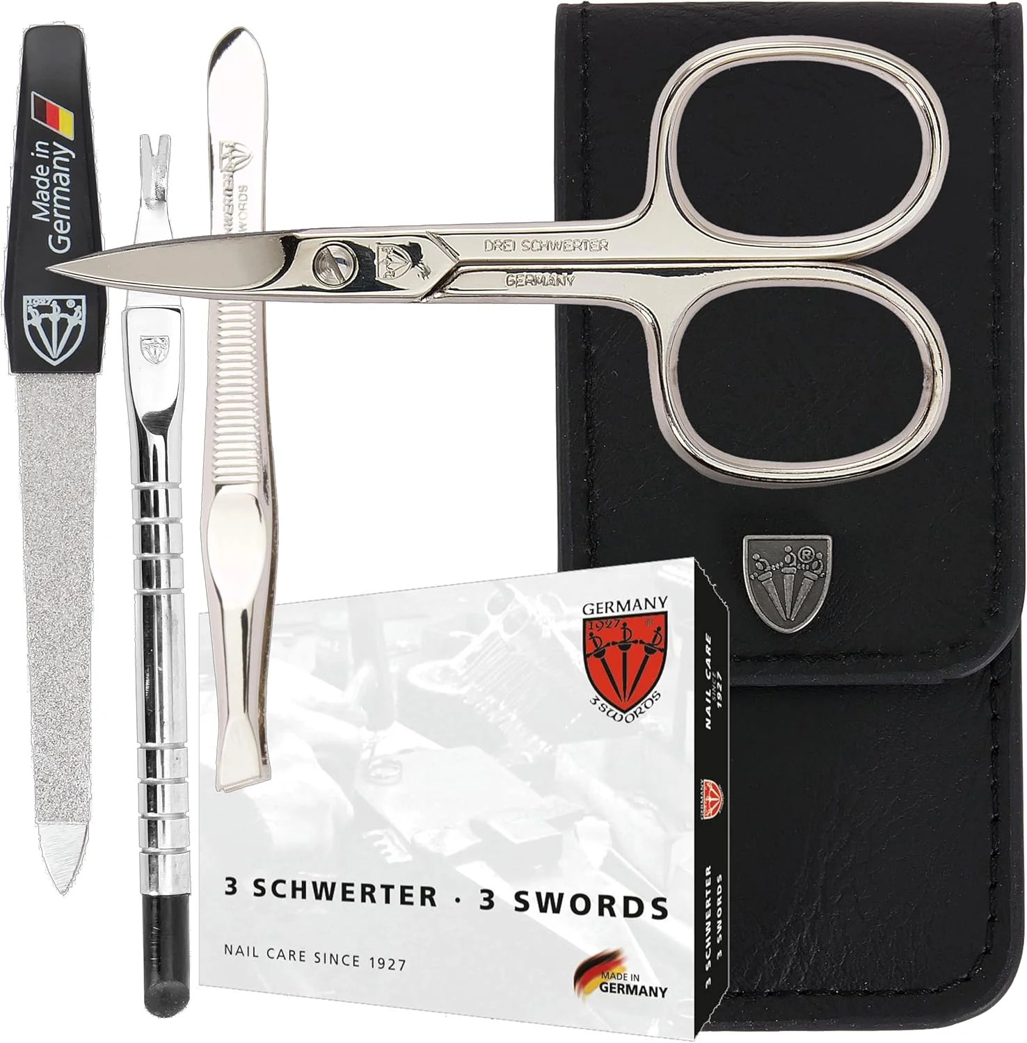 ست مراقبت از ناخن 4 تکه 'Modena' از DREI SCHWERTER | ست مانیکور و پدیکور در کیف چرمی اصل ساخت آلمان رنگ: مشکی | محتویات: قیچی ناخن، موچین، سوهان ناخن یاقوت کبود و ابزار کوتیکول ست مراقبت از ناخن 4 تکه 'Modena' از DREI SCHWERTER | ست مانیکور و پدیکور در کیف چرمی اصل ساخت آلمان رنگ: مشکی | محتویات: قیچی ناخن، موچین، سوهان ناخن یاقوت کبود و ابزار کوتیکول