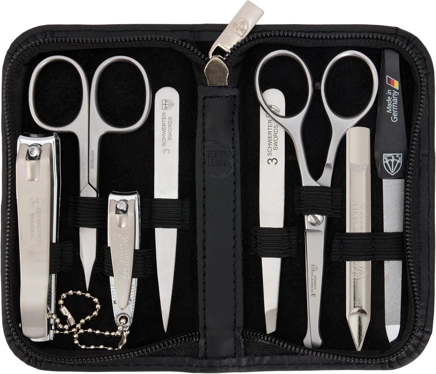 ست مانیکور 8 تکه مردانه DREI SCHWERTER | ست مراقبت از ناخن ممتاز در کیف چرمی اصل | محتویات: ست ناخن، 8 ابزار شامل قیچی ریش، قیچی ناخن، ناخن گیر، موچین ست مانیکور 8 تکه مردانه DREI SCHWERTER | ست مراقبت از ناخن ممتاز در کیف چرمی اصل | محتویات: ست ناخن، 8 ابزار شامل قیچی ریش، قیچی ناخن، ناخن گیر، موچین