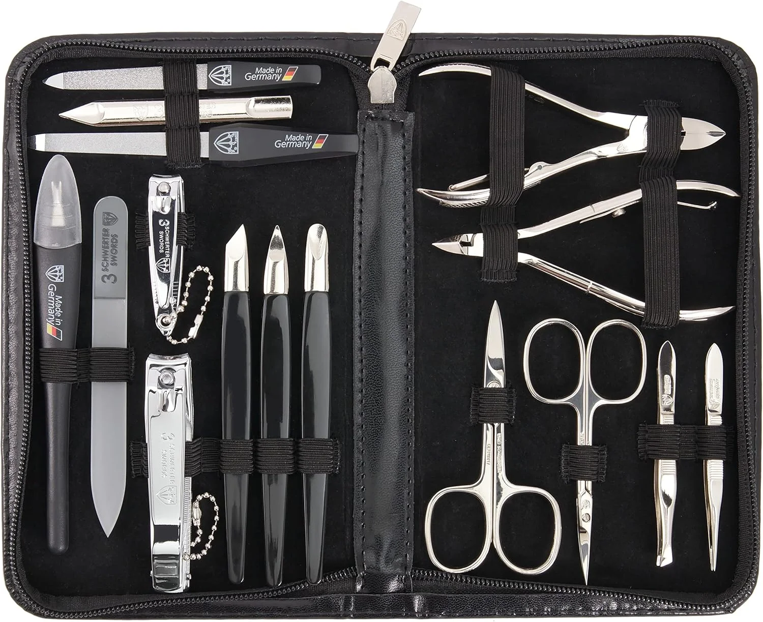 DREI SCHWERTER - ست ۱۶ تکه مانیکور و پدیکور 'Cinisello' | کیف چرمی مصنوعی ناخن برای مراقبت از دست و پا رنگ: مشکی | محتویات: قیچی ناخن، ناخن گیر، موچین و غیره DREI SCHWERTER - ست ۱۶ تکه مانیکور و پدیکور 'Cinisello' | کیف چرمی مصنوعی ناخن برای مراقبت از دست و پا رنگ: مشکی | محتویات: قیچی ناخن، ناخن گیر، موچین و غیره