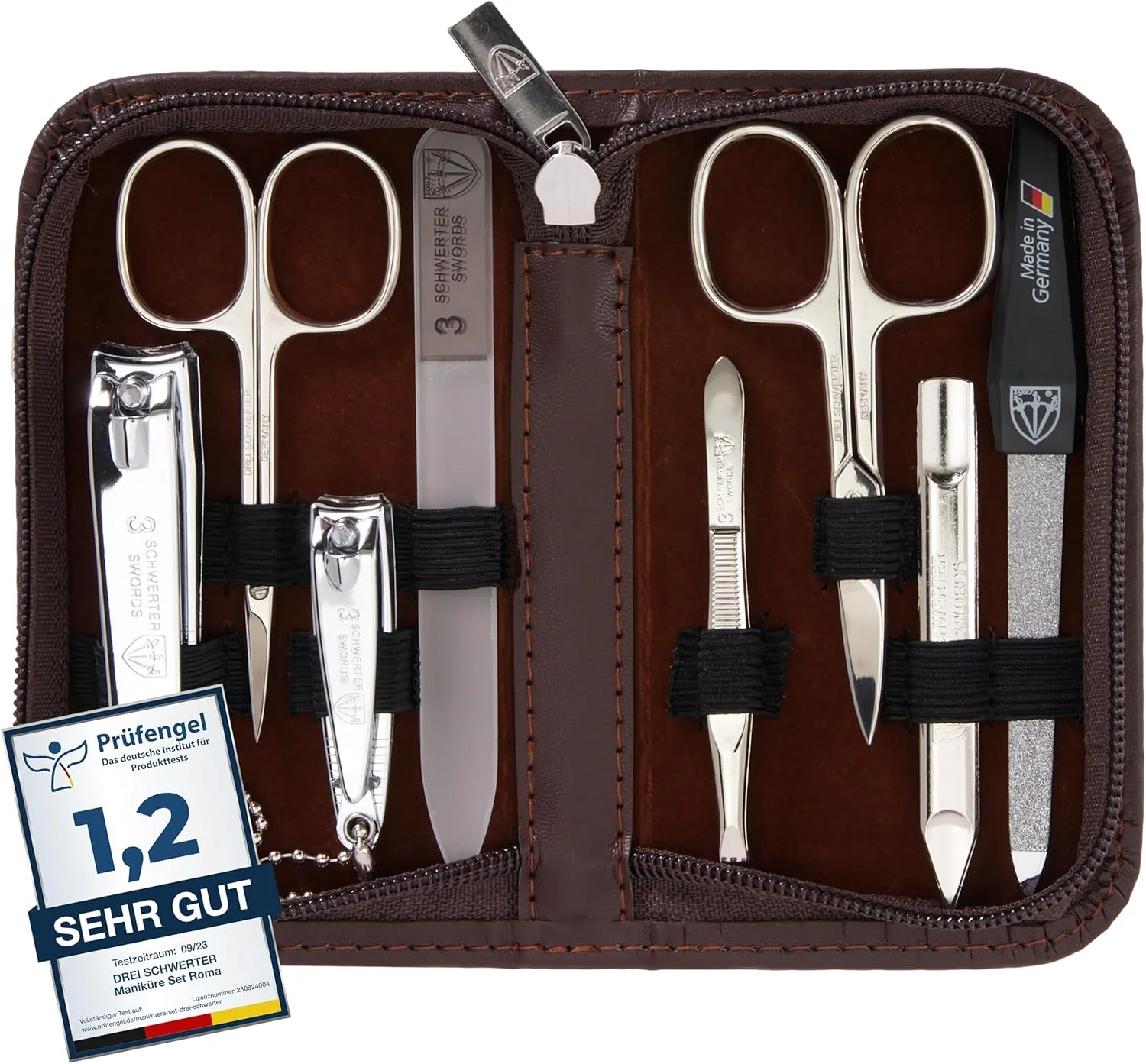 ست مانیکور 8 تکه "Roma" از DREI SCHWERTER | ست مراقبت از ناخن در کیف چرمی قهوه ای مصنوعی | محتویات: ست قیچی ناخن، ناخن گیر پا و ناخن، موچین، سوهان ناخن شیشه ای، سوهان ناخن یاقوت کبود ست مانیکور 8 تکه "Roma" از DREI SCHWERTER | ست مراقبت از ناخن در کیف چرمی قهوه ای مصنوعی | محتویات: ست قیچی ناخن، ناخن گیر پا و ناخن، موچین، سوهان ناخن شیشه ای، سوهان ناخن یاقوت کبود