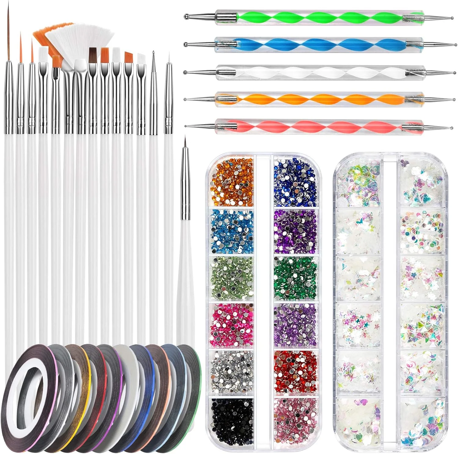 مجموعه قلمو طراحی ناخن FANDAMEI، مجموعه قلم مو طراحی ناخن، 15 عدد قلم مو ناخن، 5 عدد قلم نقطه گذاری، نگین ناخن، پولک های فوق العاده نازک ناخن، 10 رول نوار چسب برای مجموعه مانیکور طراحی ناخن