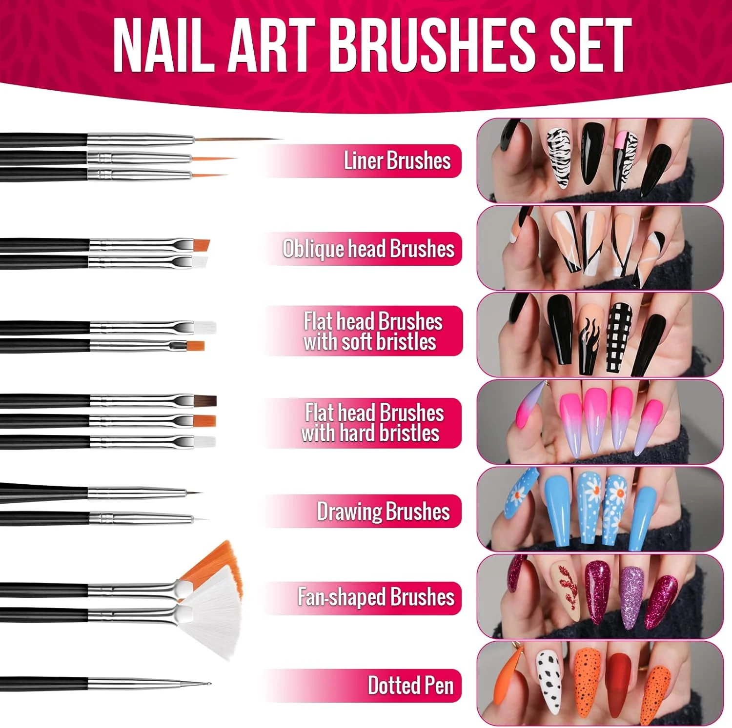 مجموعه قلم موی طراحی ناخن Fandamei، 15 عدد قلم موی ناخن، 5 عدد قلم نقطه گذاری، نگین ناخن، پولک های فوق العاده نازک ناخن، 10 رول نوار چسب برای مجموعه مانیکور طراحی ناخن