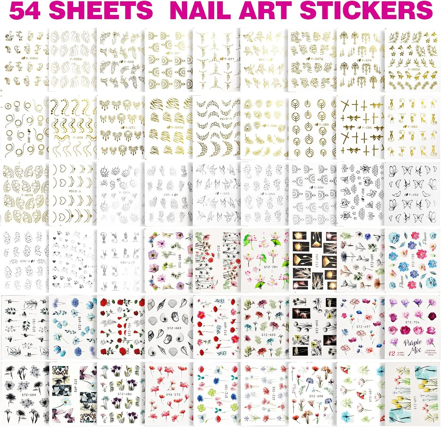 فندامی - 54 ورق برچسب ناخن با انتقال آب و ست قلم موی طراحی ناخن، قلم های نقطه گذاری، ورق طلایی برای طراحی ناخن، نوار خطی، سنگ های قیمتی، ابزار و ست تزئینات برای طراحی ناخن، ست مانیکور
