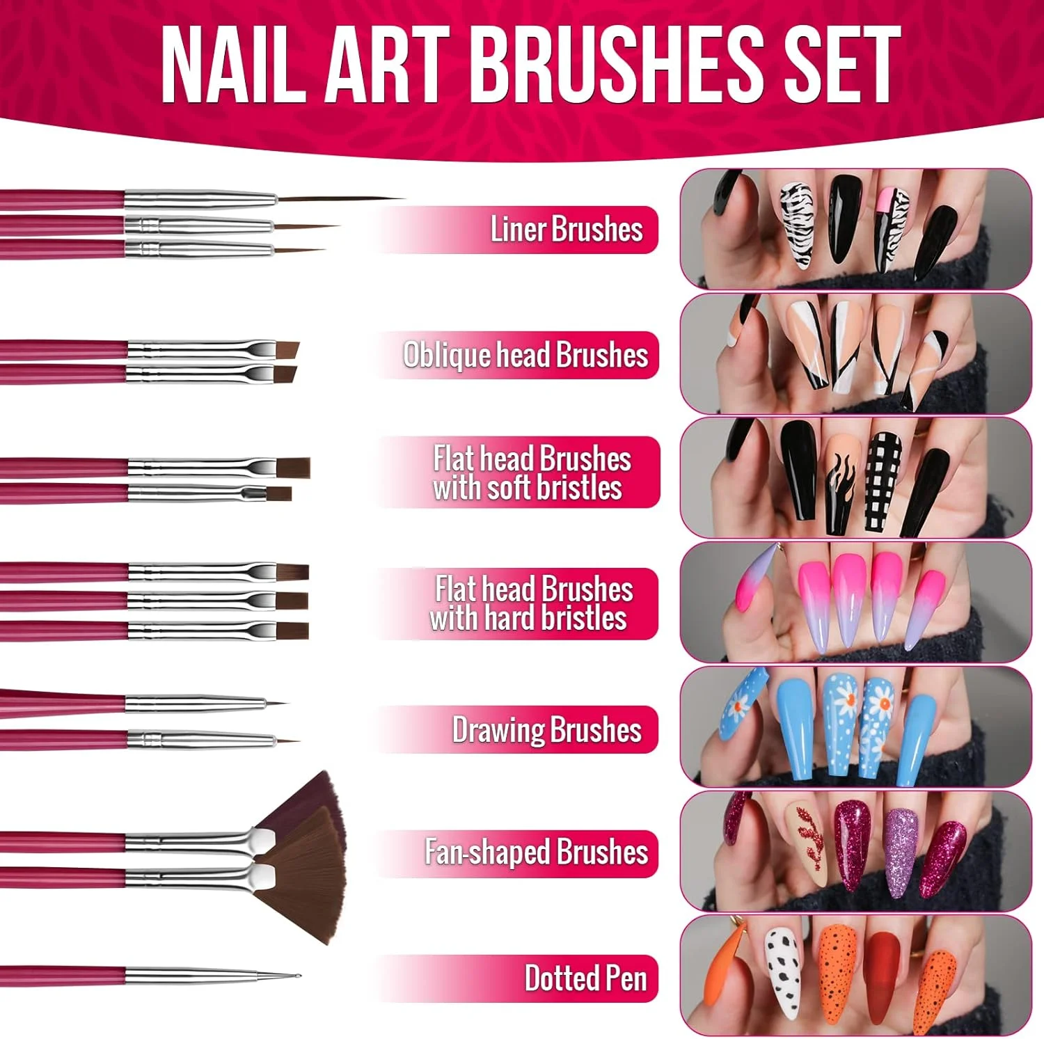 ست قلم موی طراحی ناخن FANDAMEI، 15 عدد قلم موی ناخن، قرمز شرابی، 5 عدد قلم نقطه گذاری، 10 رول نوار طراحی ناخن، نگین ناخن، پولک های فوق العاده نازک برای طراحی ناخن، ست مانیکور