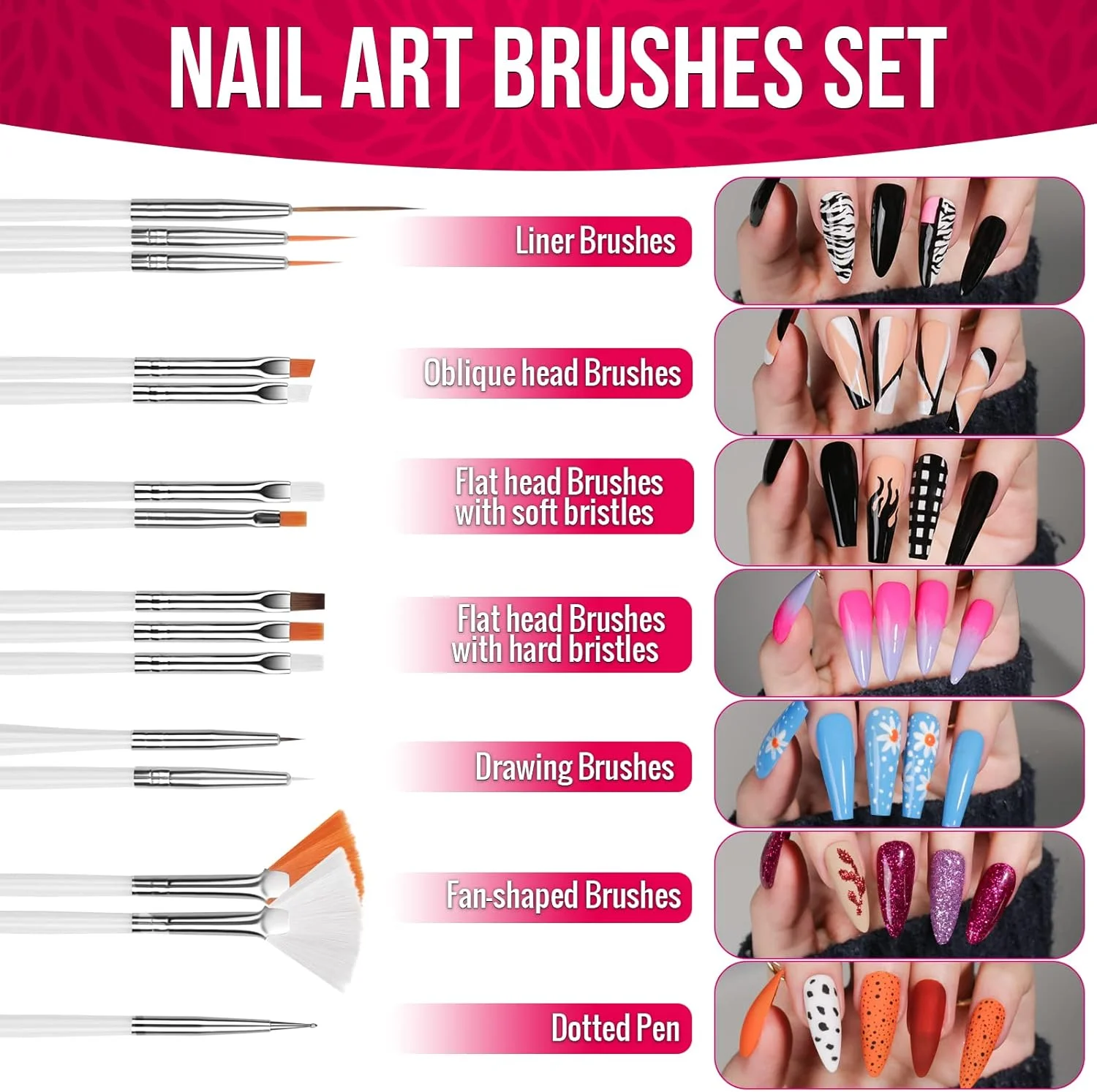 مجموعه قلمو طراحی ناخن FANDAMEI، مجموعه قلم مو طراحی ناخن، 15 عدد قلم مو ناخن، 5 عدد قلم نقطه گذاری، نگین ناخن، پولک های فوق العاده نازک ناخن، 10 رول نوار چسب برای مجموعه مانیکور طراحی ناخن