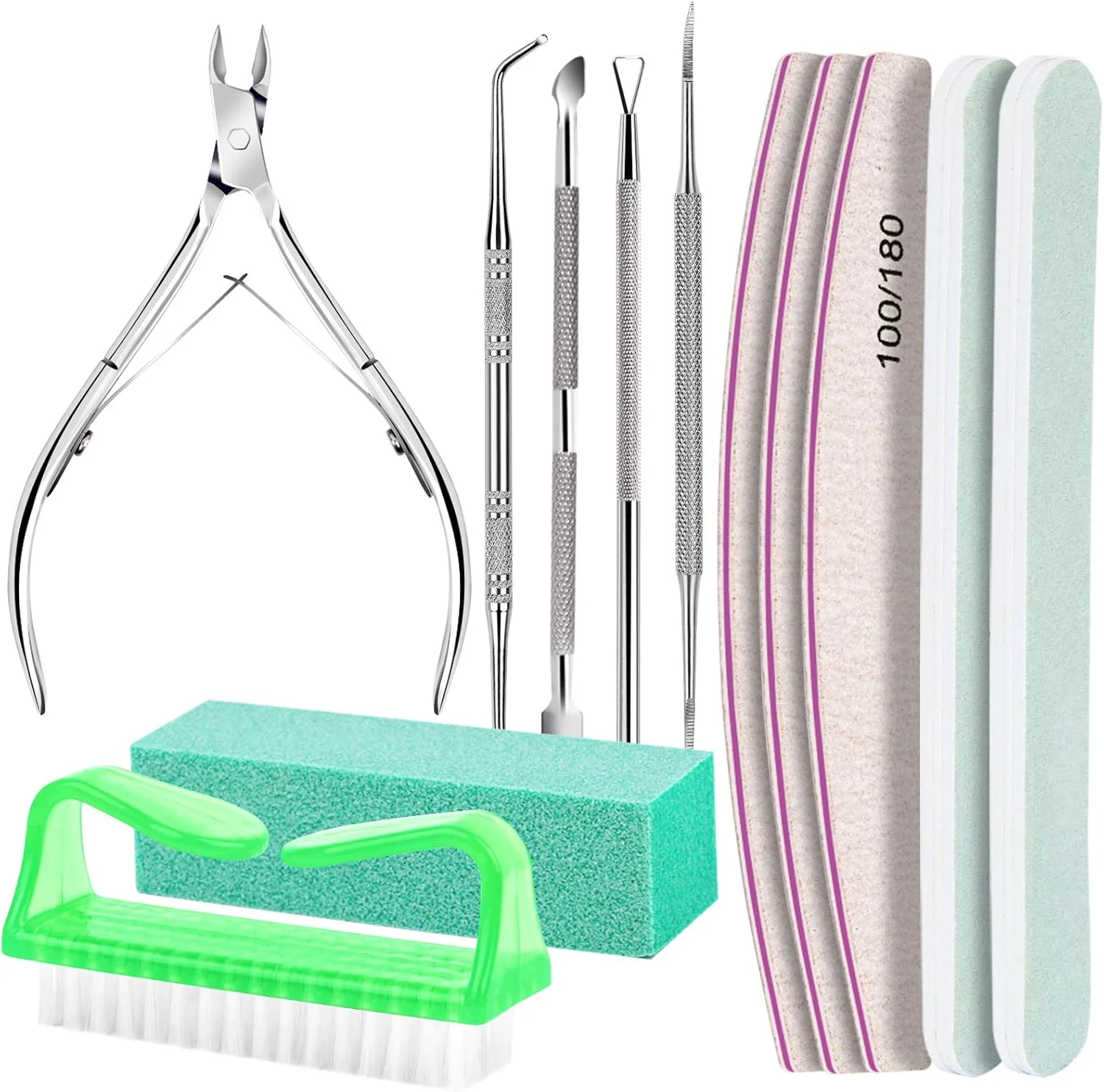 Fandamei 12-Piece Nail File Set, Double-Sided Nail File 100/180 Nail Buffer Block Cuticle Pusher Corner Lifter Nail Clippers Nail Brush Manicure & Pedicure Set Green