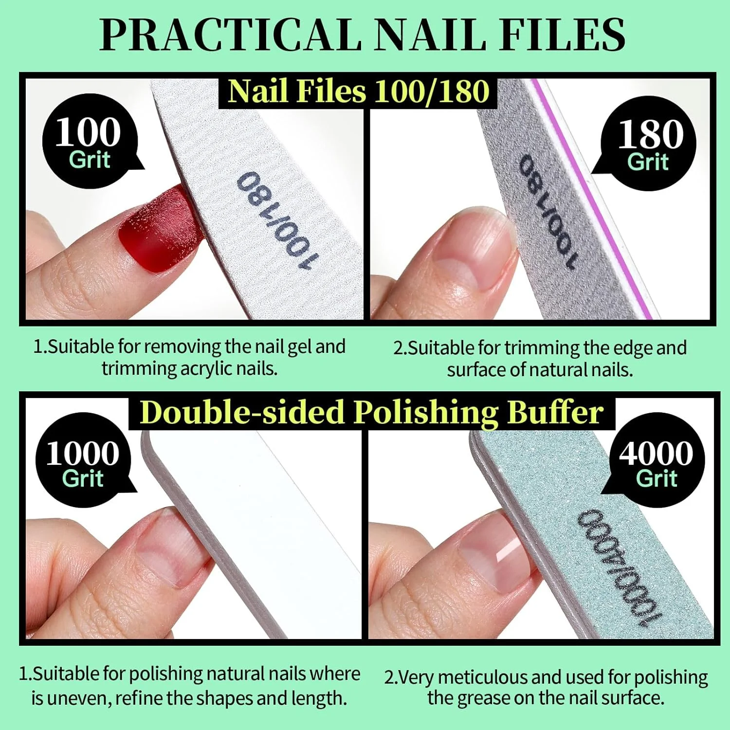 Fandamei 12-Piece Nail File Set, Double-Sided Nail File 100/180 Nail Buffer Block Cuticle Pusher Corner Lifter Nail Clippers Nail Brush Manicure & Pedicure Set Green