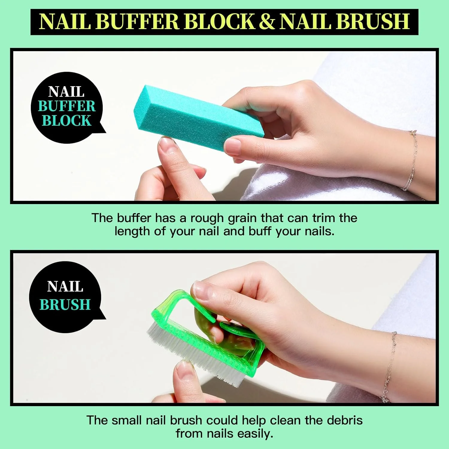 Fandamei 12-Piece Nail File Set, Double-Sided Nail File 100/180 Nail Buffer Block Cuticle Pusher Corner Lifter Nail Clippers Nail Brush Manicure & Pedicure Set Green