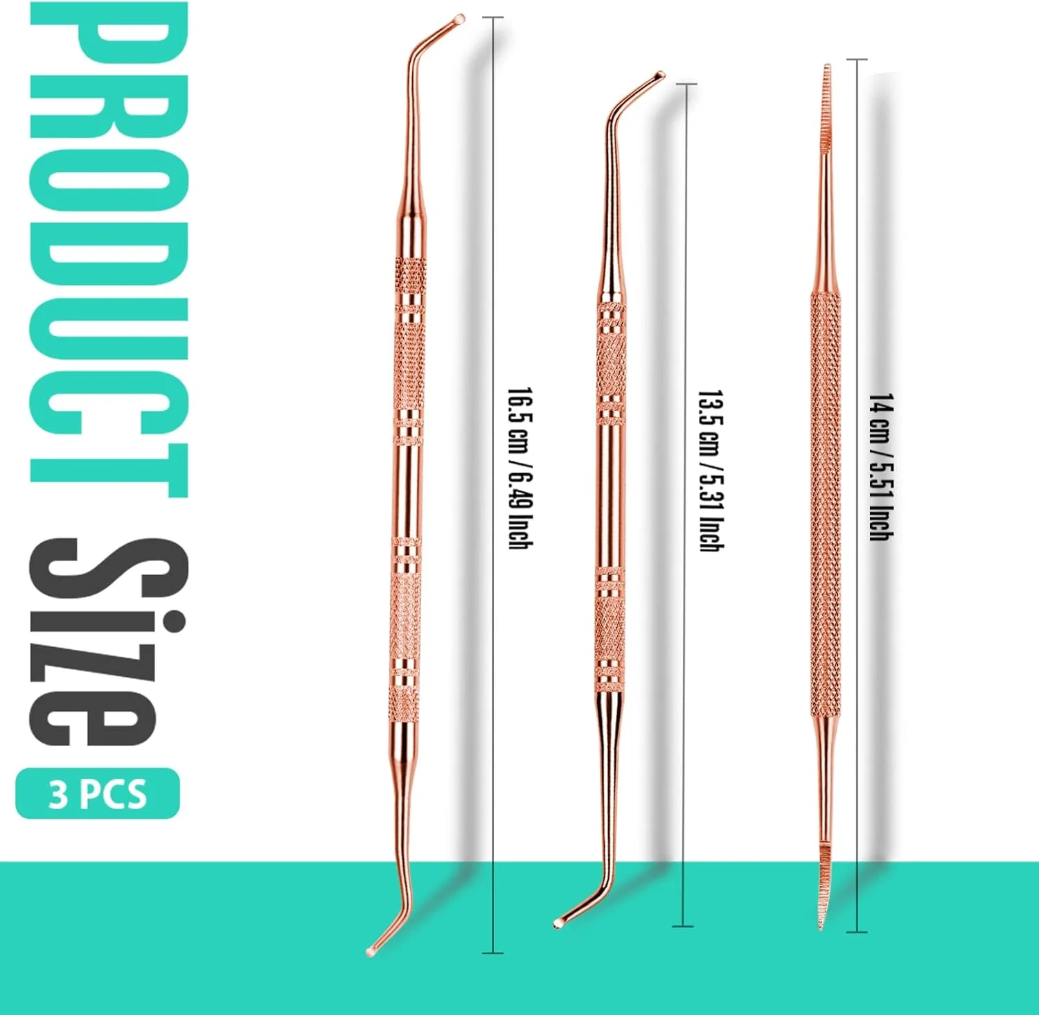 ست ۳ تکه ابزار بلند کردن گوشه ناخن و سوهان ناخن فندامی، استیل ضد زنگ، ابزار ناخن پا فرورفته دو طرفه، ست مراقبت حرفه ای ناخن و پدیکور، طلایی رز