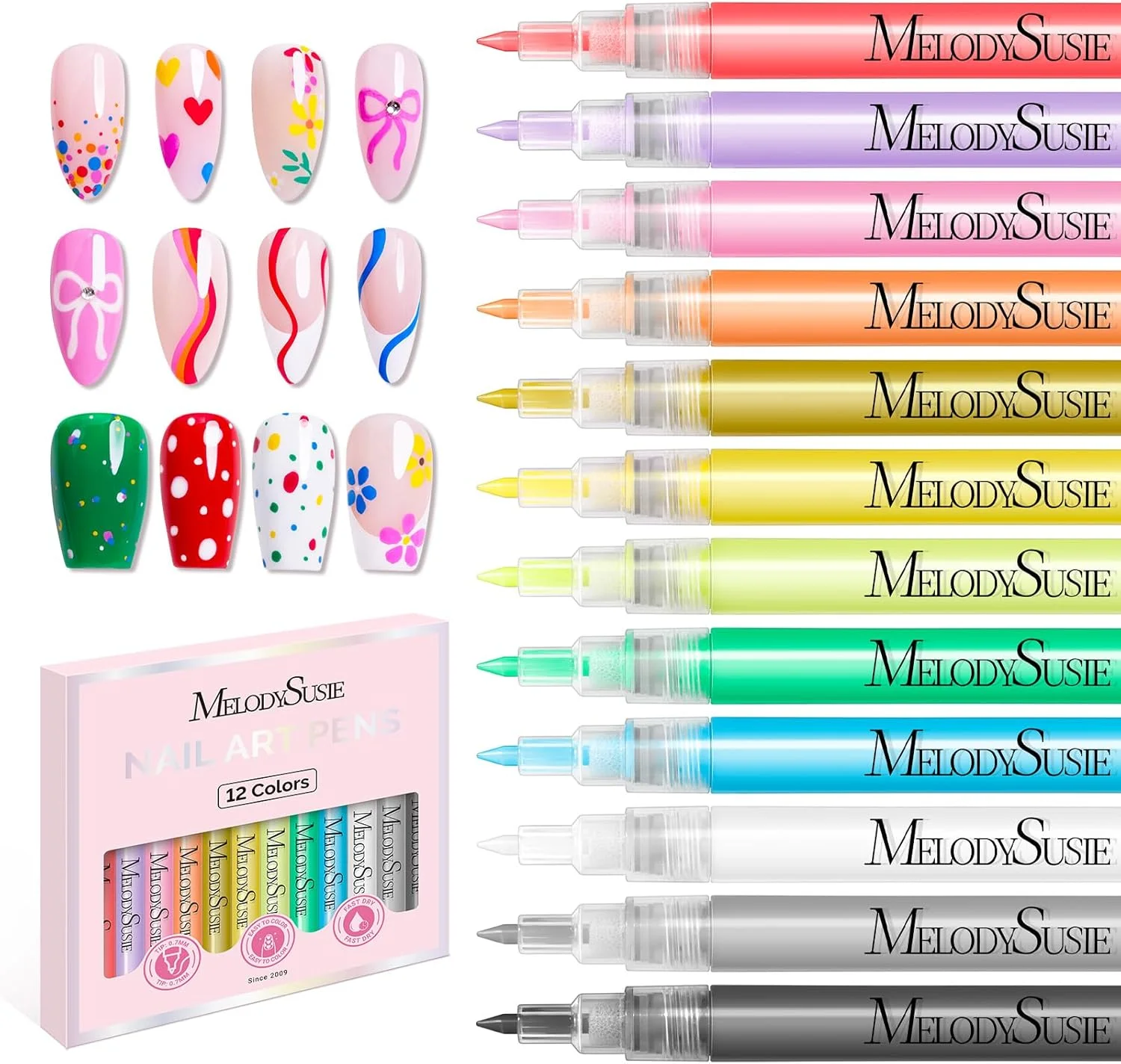 ست قلم طراحی ناخن MelodySusie، ۱۲ رنگ با نوک ۰.۷ میلی‌متری، ابزار نقطه گذاری ناخن، ماژیک رنگ اکریلیک، قلم طراحی برای طراحی ناخن، قلم طراحی ناخن برای سالن و استفاده شخصی در خانه