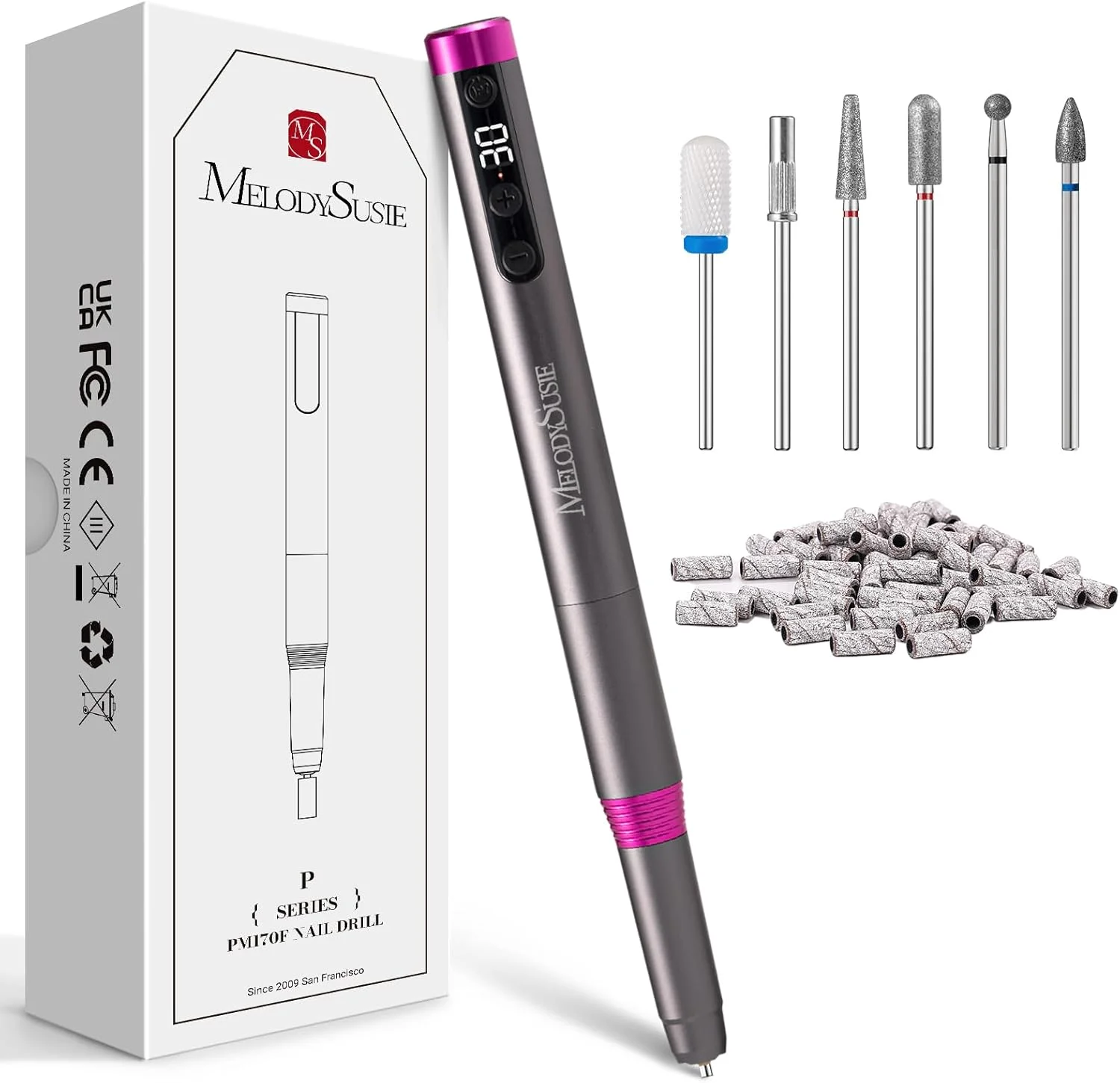 دستگاه سوهان برقی ناخن ملودی سوزی مدل PM170F خاکستری، 30000 دور در دقیقه، بسیار ظریف، قابل حمل، کم صدا و کم لرزش، موتور بدون هسته به همراه سری ها و نوارهای سمباده بسیار ظریف برای مبتدیان