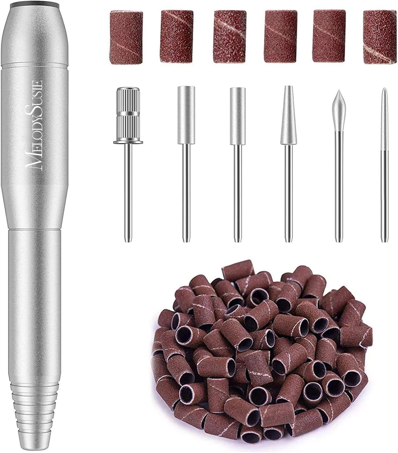 دستگاه سوهان برقی ناخن قابل حمل MelodySusie - ست ابزار فرز دستی حرفه ای برای پولیش، شکل دادن، مانیکور و پدیکور ناخن های اکریلیک و ژل به همراه مجموعه سر سوهان و 100 عدد سمباده، نقره ای