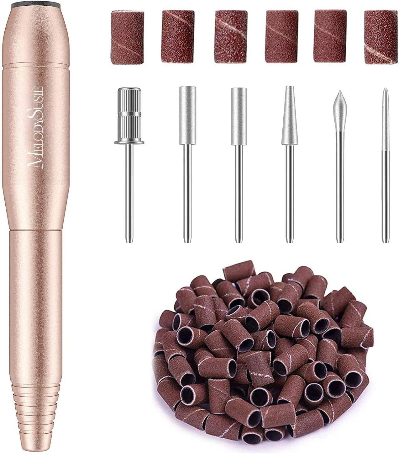 دستگاه سوهان برقی ناخن قابل حمل MelodySusie - ست ابزار سنگ زنی حرفه ای برای ناخن های اکریلیک و ژل، مانیکور پدیکور، پولیش و شکل دهی به همراه مجموعه سر سوهان و 100 عدد سمباده، طلایی