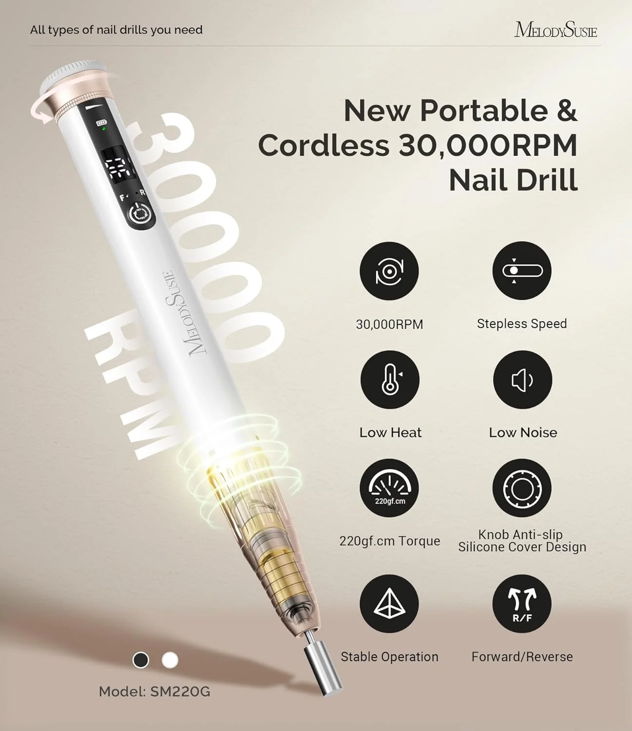 دستگاه سوهان برقی ناخن ملودی سوزی مدل SM220G، با قابلیت تنظیم سرعت بدون پله، بدون سیم، 30000 دور در دقیقه، قابل حمل و شارژی، مناسب برای شکل دادن به ناخن، از بین بردن ژل اکریلیک، مناسب برای حرفه ای ها و استفاده در منزل دستگاه سوهان برقی ناخن ملودی سوزی مدل SM220G، با قابلیت تنظیم سرعت بدون پله، بدون سیم، 30000 دور در دقیقه، قابل حمل و شارژی، مناسب برای شکل دادن به ناخن، از بین بردن ژل اکریلیک، مناسب برای حرفه ای ها و استفاده در منزل