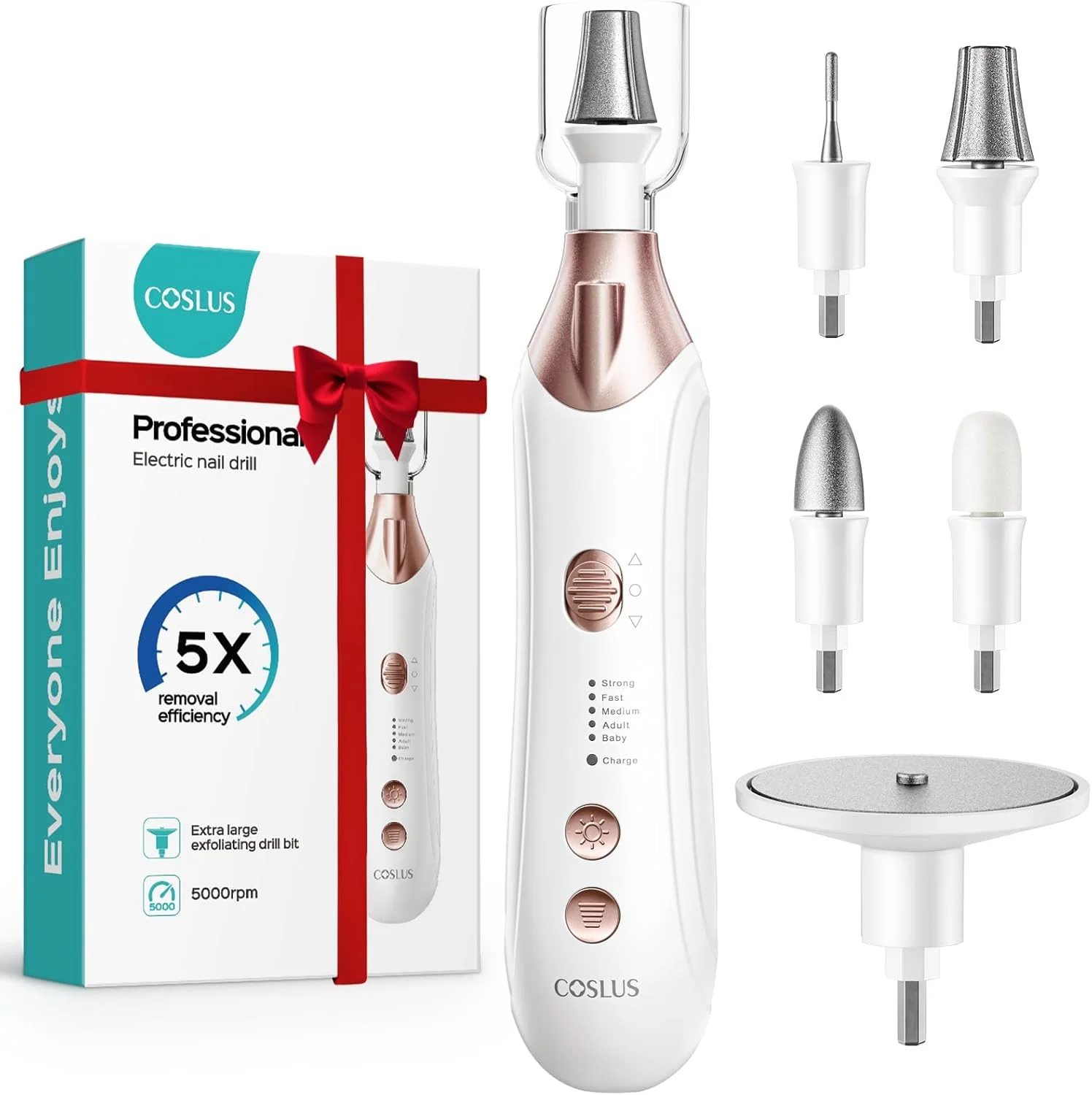 ست مانیکور و پدیکور حرفه ای COSLUS، سوهان ناخن برقی 5 در 1 برای مراقبت از ناخن های دست و پا - سنگ زنی پهن تر برای ناخن های ضخیم، بی سیم، 5 سرعته، برای آقایان، خانم ها، سالمندان، سالن خانگی، سفید، C43(END10)
