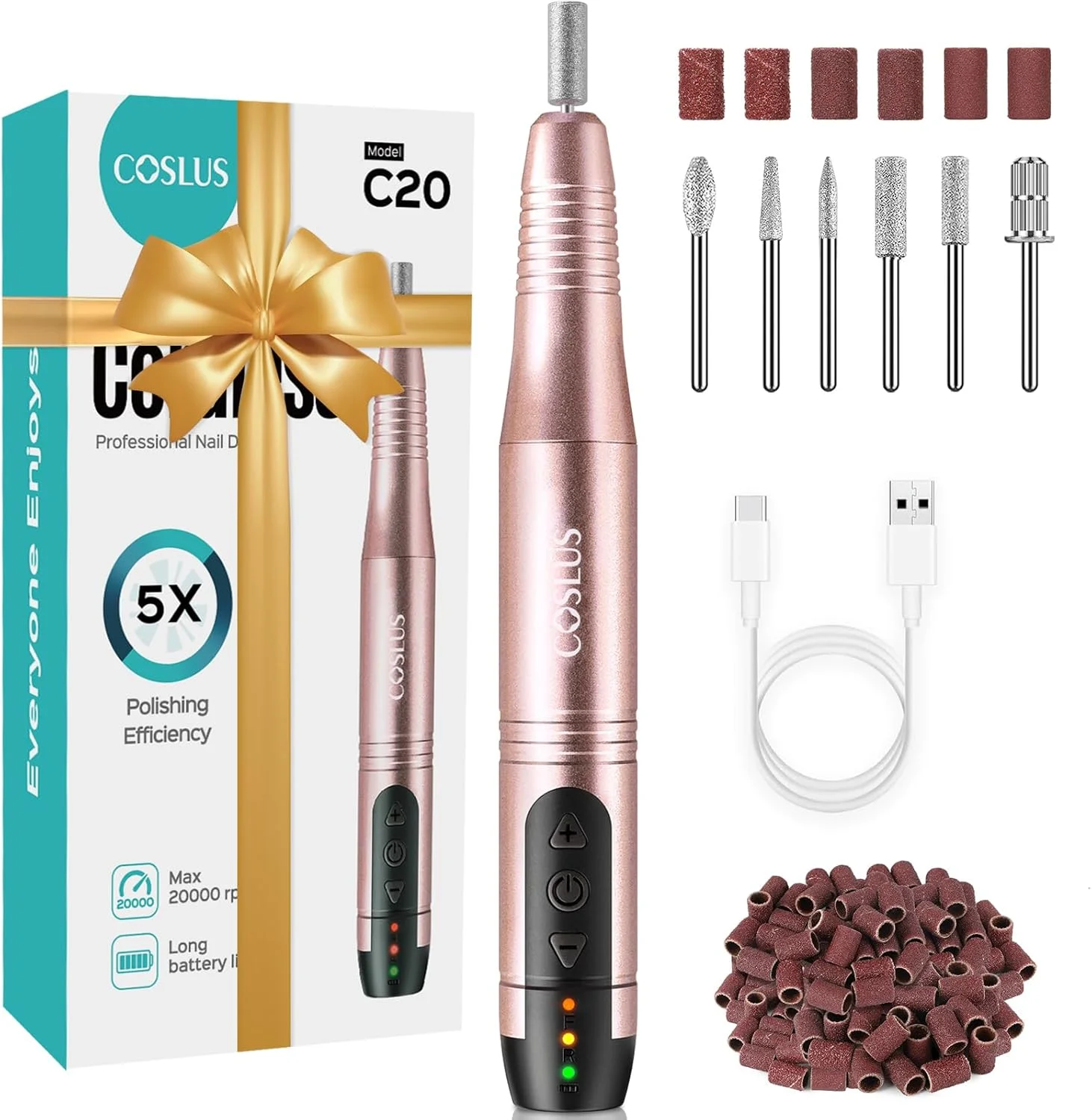 ست مانیکور و پدیکور برقی قابل حمل و بی سیم COSLUS، سوهان ناخن حرفه ای برای ناخن های ژلی آکریلیک، 45 قطعه، پوست سخت کوتیکول، سرعت قابل تنظیم و قابل شارژ