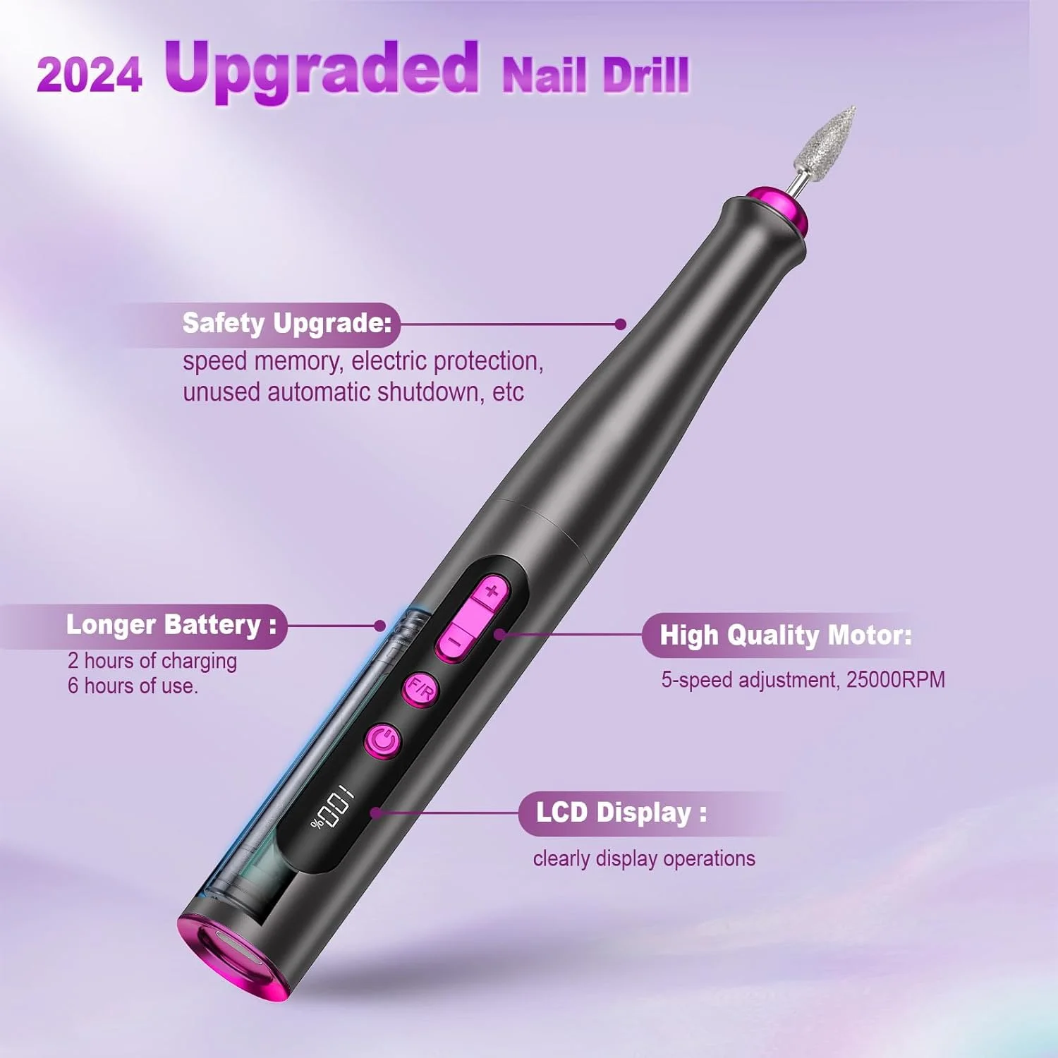 دستگاه سوهان برقی ناخن بی سیم، سوهان حرفه ای اکریلیک برای ژل، مجموعه سوهان قابل حمل شارژی، ابزار پولیش مانیکور پدیکور