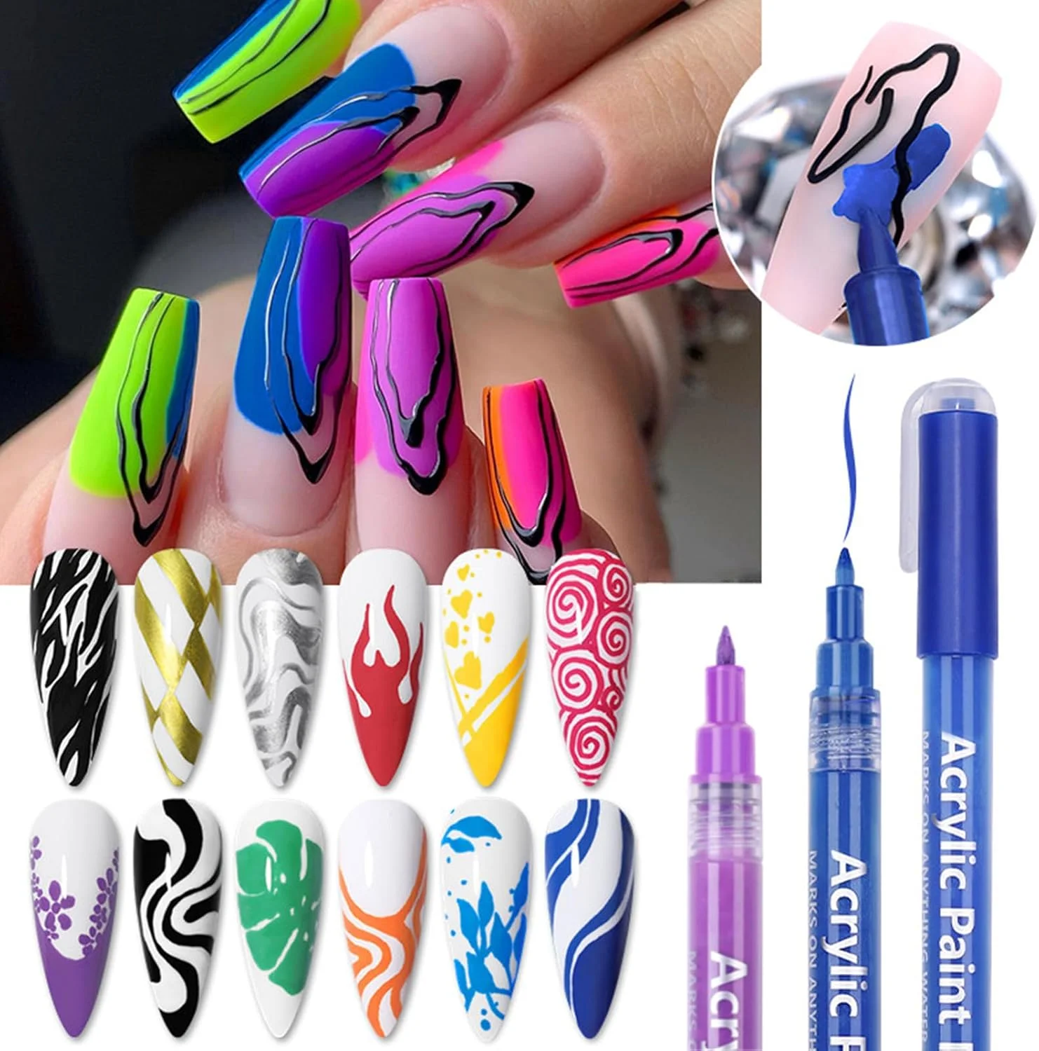 ست ۱۲ رنگ قلم طراحی ناخن، قلم های لاک اکریلیک سه بعدی برای ژل، ماژیک های خط کشی ناخن با نوک ظریف برای طراحی ناخن DIY، نقطه گذاری، نقاشی، خط کشی و طراحی گل