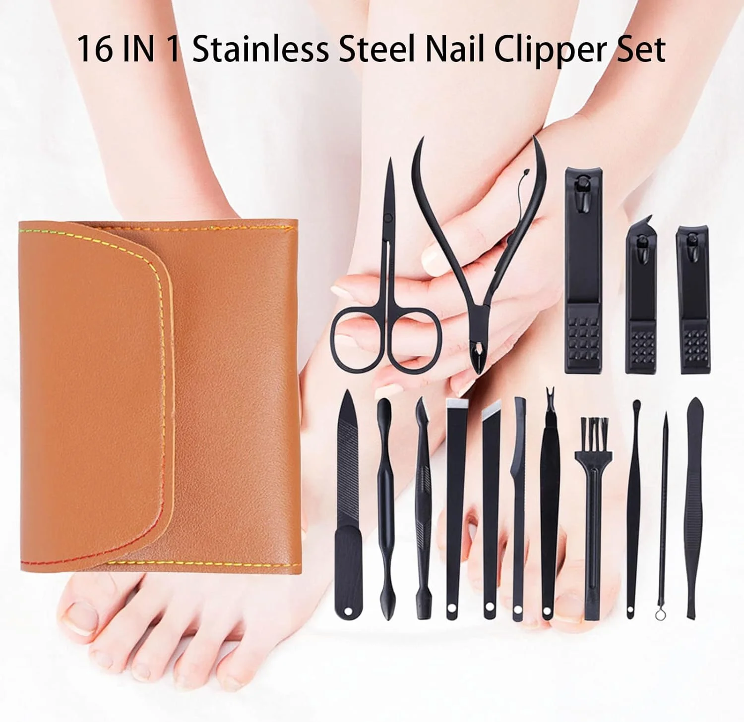 ست مانیکور حرفه ای استیل ضد زنگ NALACAL، 16 تکه با کیف چرمی PU، ابزار مراقبت شخصی، هدیه برای مردان و زنان