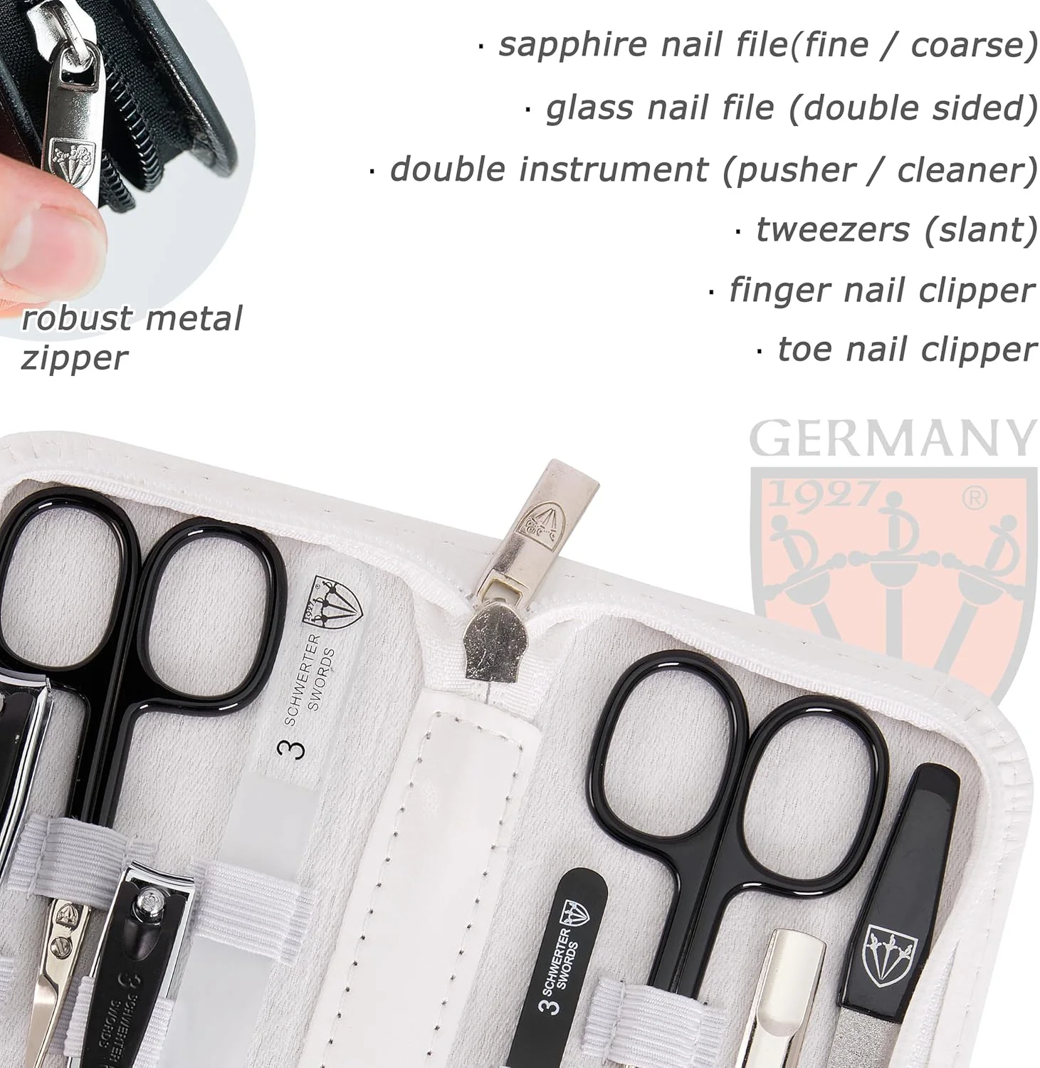 ست مانیکور و پدیکور 8 تکه با کیفیت عالی تری سورز آلمان، قیچی، سوهان، ناخن گیر، کیف چرمی شیک در جعبه هدیه، ساخت تری سورز (01634)