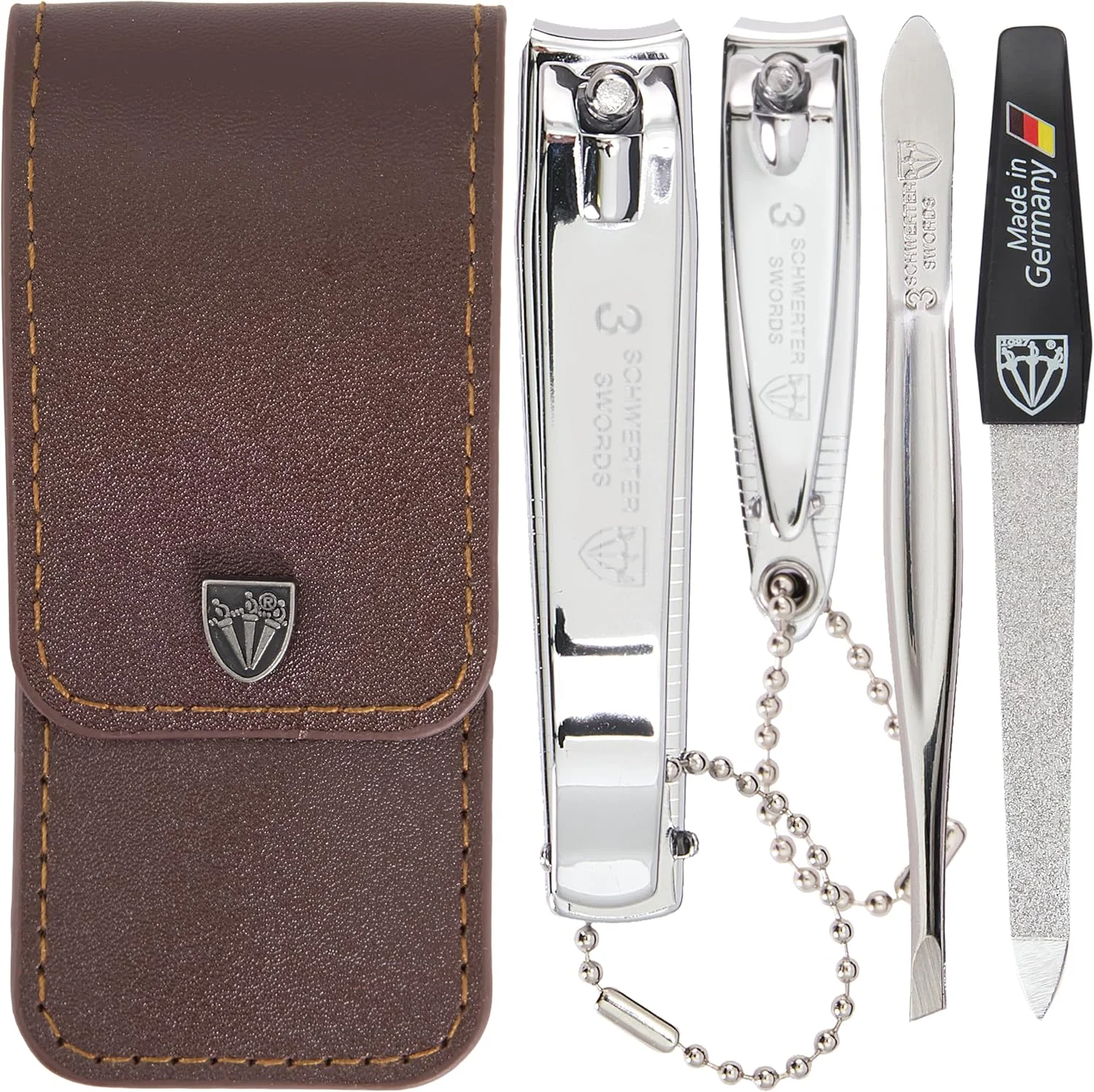 ست ۴ تکه مانیکور پدیکور نظافت ناخن مردانه تری سورز آلمان - کیفیت عالی شامل موچین، سوهان، ناخن گیر انگشت و پا، کیف چرمی مصنوعی قهوه ای - ساخت تری سورز