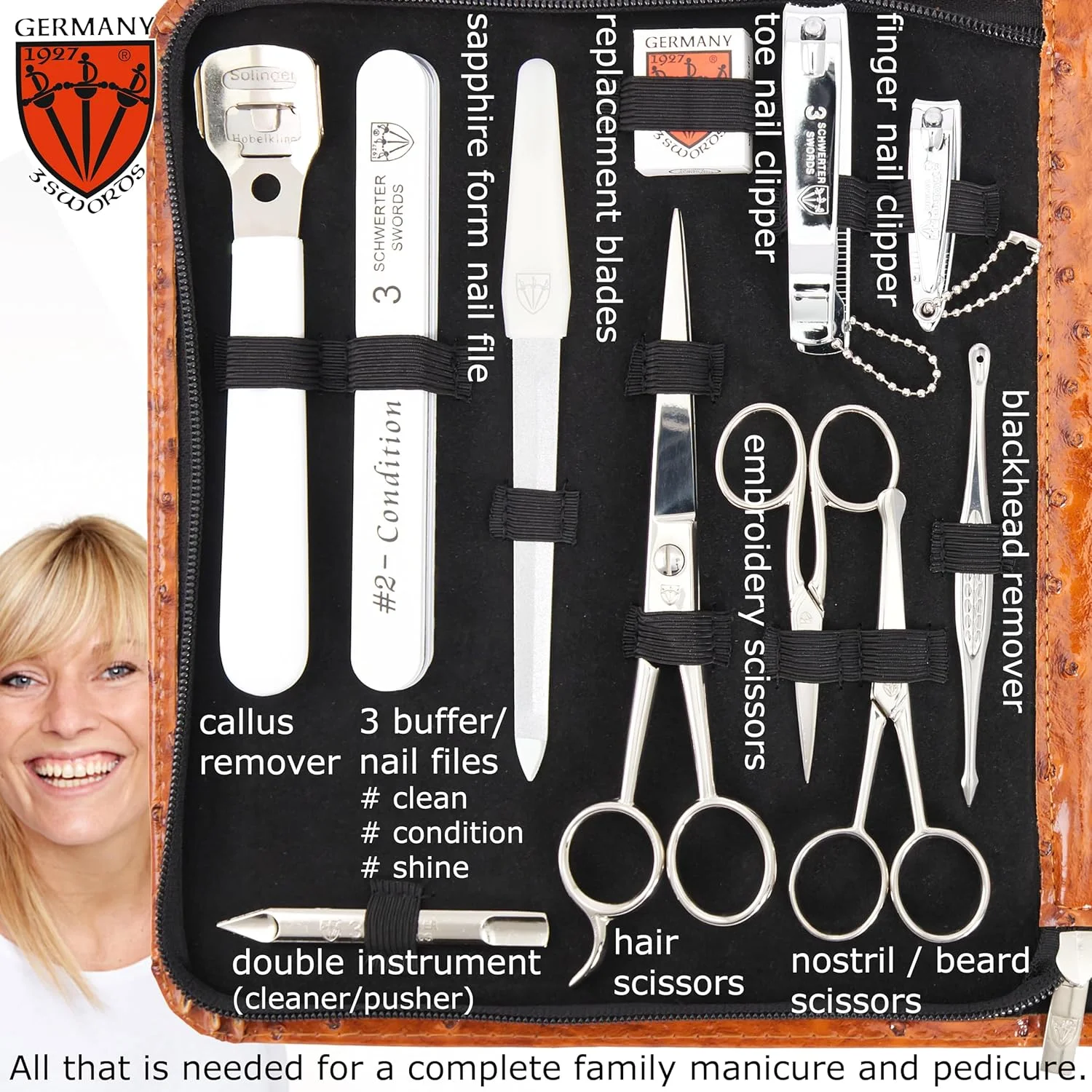 ست مانیکور و پدیکور 23 تکه با کیفیت عالی از برند تری سورز آلمان، مناسب برای مراقبت حرفه‌ای از ناخن‌های دست و پا، شامل موچین، سوهان، ناخن‌گیر، کیف چرمی شیک در جعبه هدیه، ساخت تری سورز (7452)